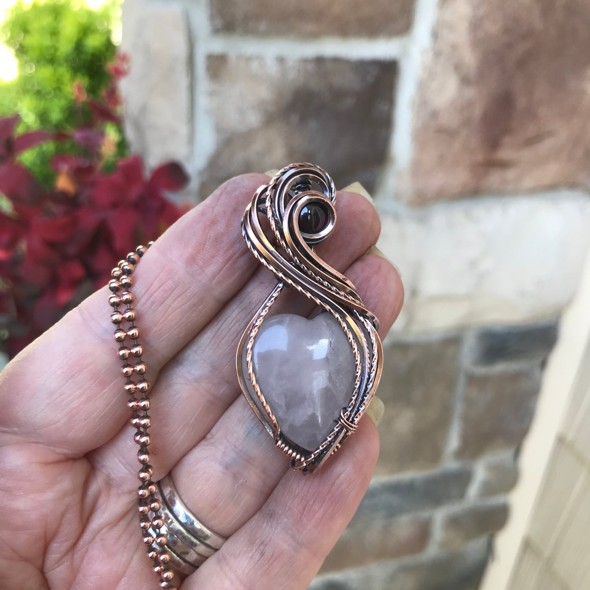 Rose Quartz with Garnet Heart Copper Pendant