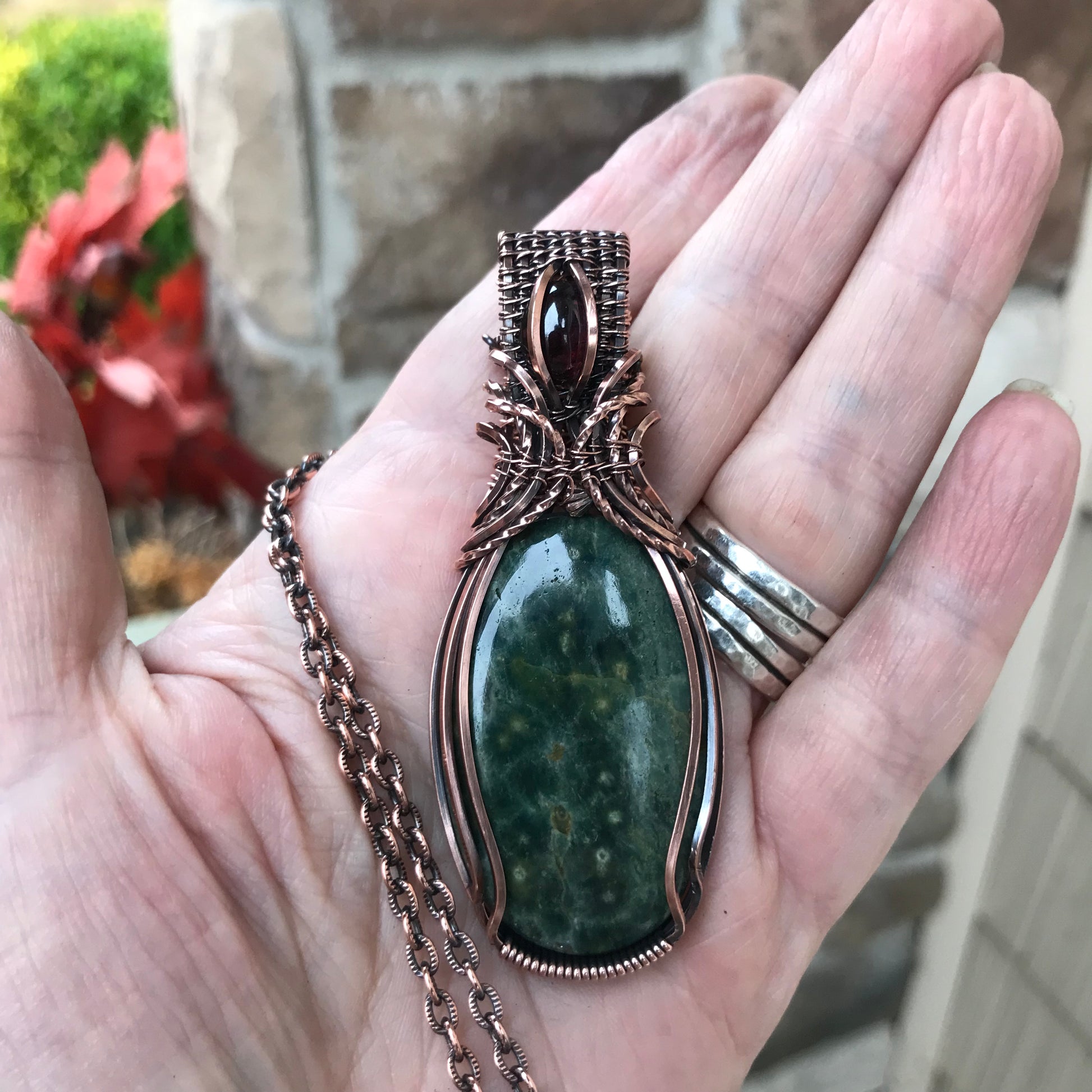 Ocean Jasper & Garnet Copper Pendant