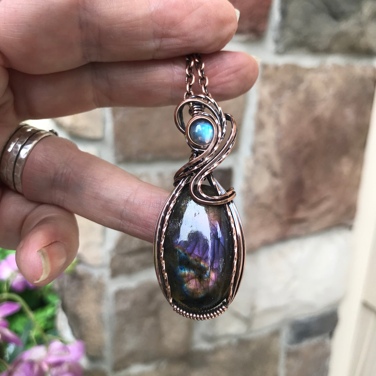 Dark Purple Labradorite & Moonstone Oval Copper Necklace