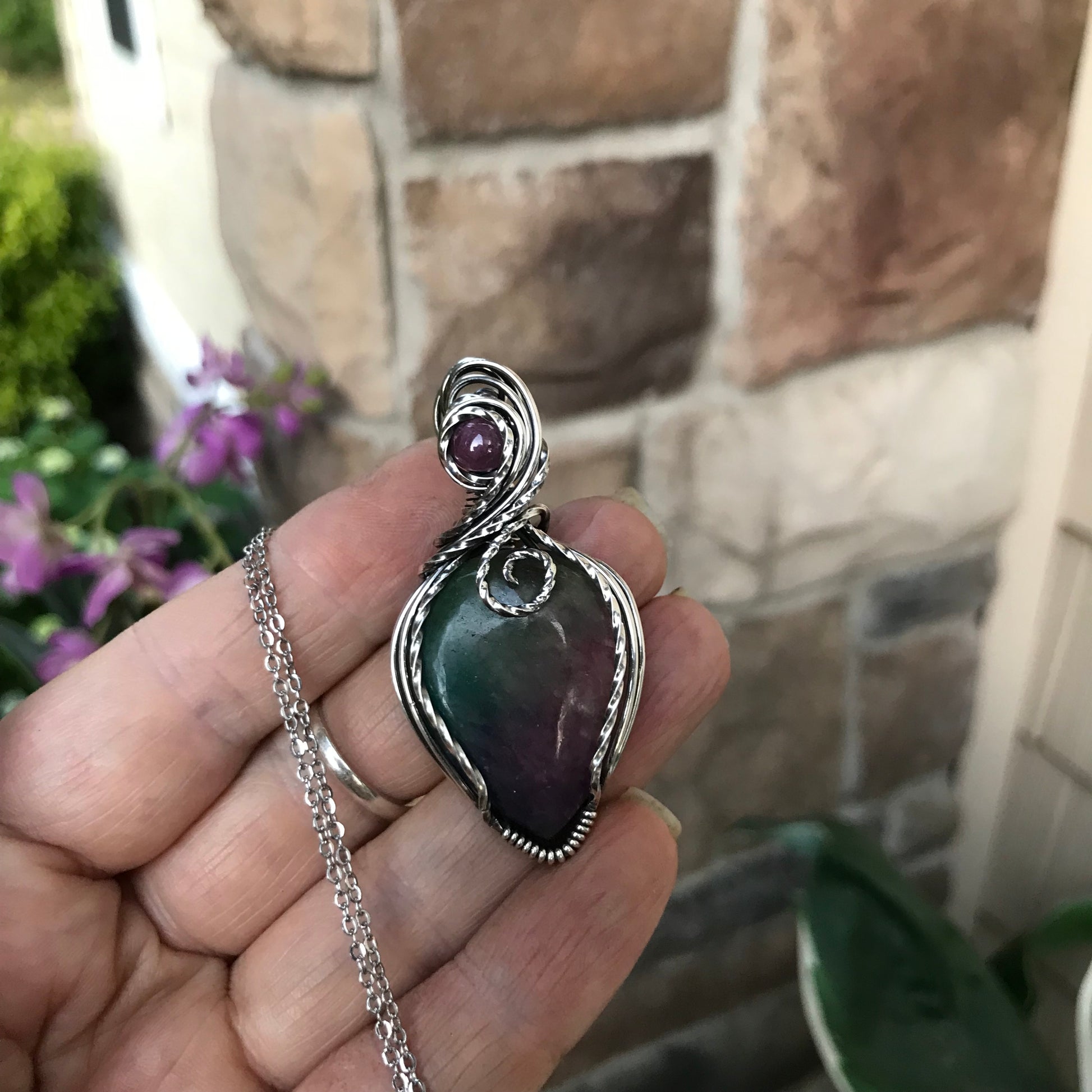 Jewel Toned Rainbow Quartz & Ruby Silver Pendant