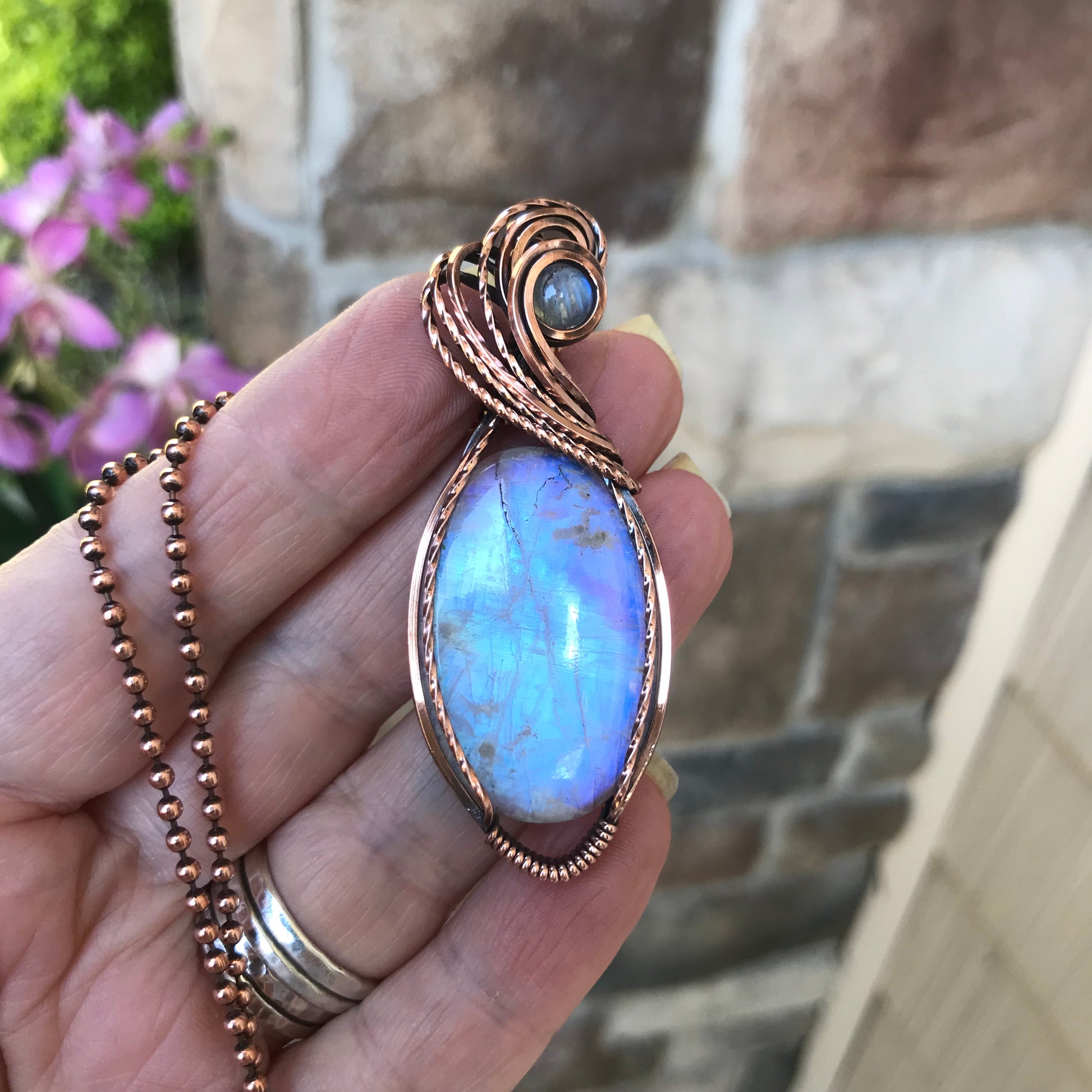 Blue Moonstone Oval Copper Pendant