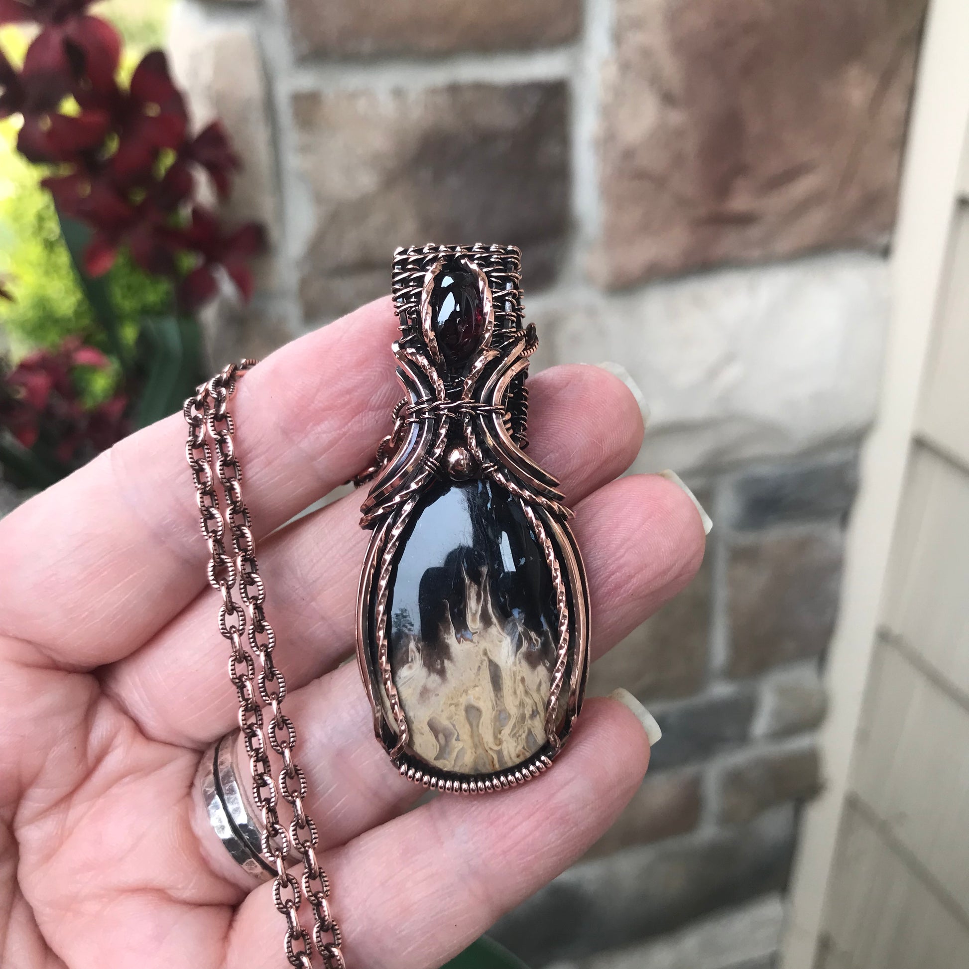 Petrified Palm Wood & Garnet Copper Necklace