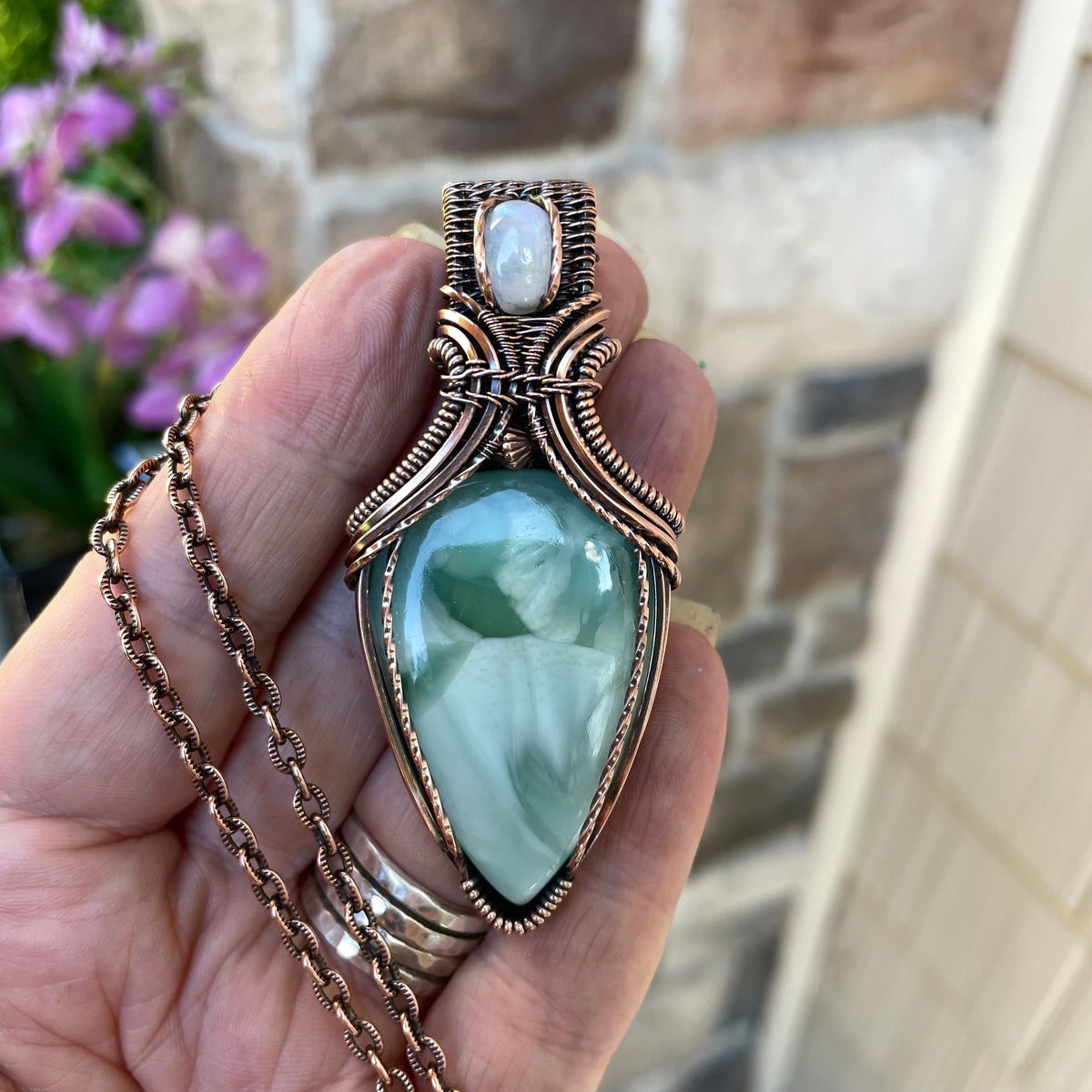 Larimar & Moonstone Copper Pendant with Weaving