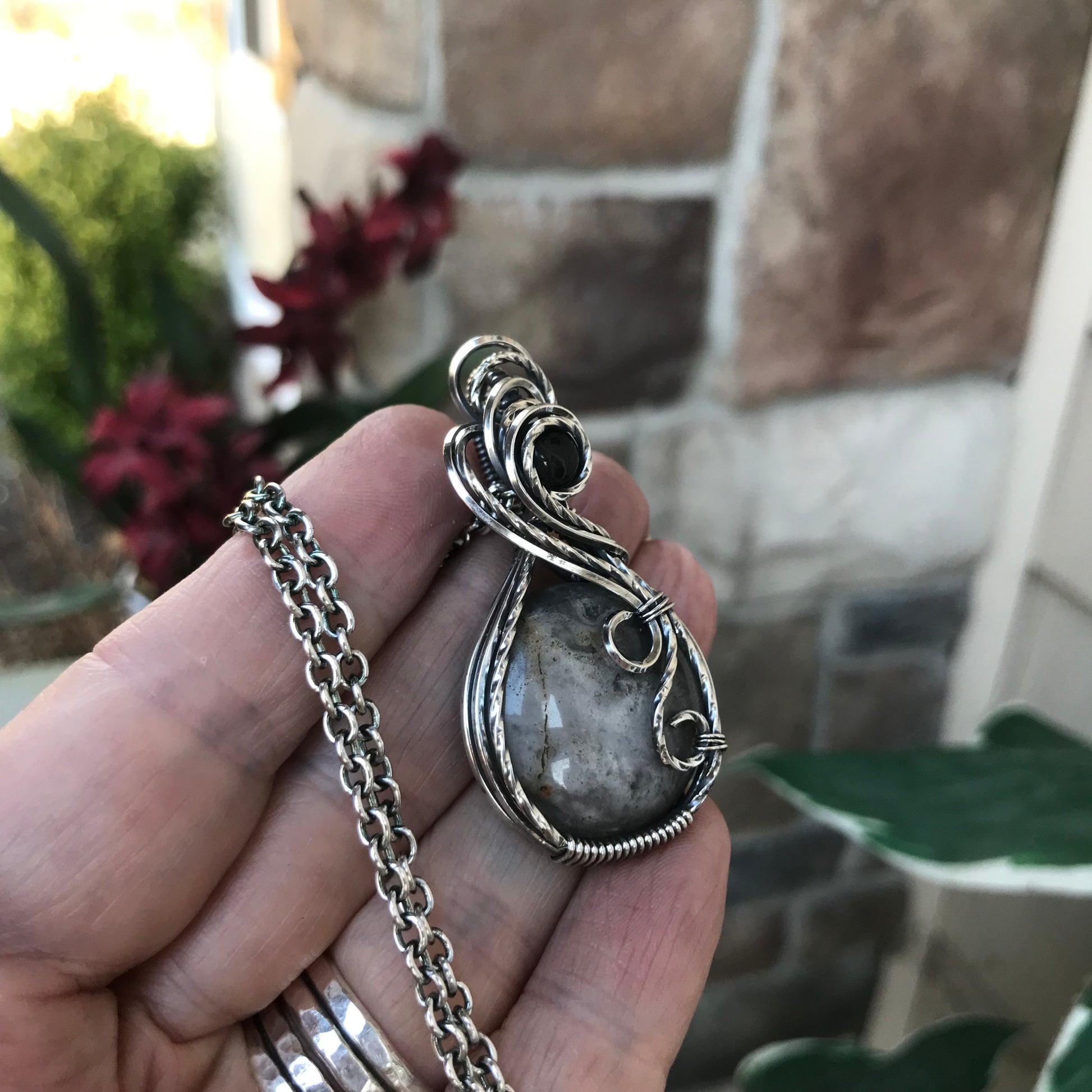 Mexican Crazy Lace Agate & Smoky Quartz Sterling Silver Necklace