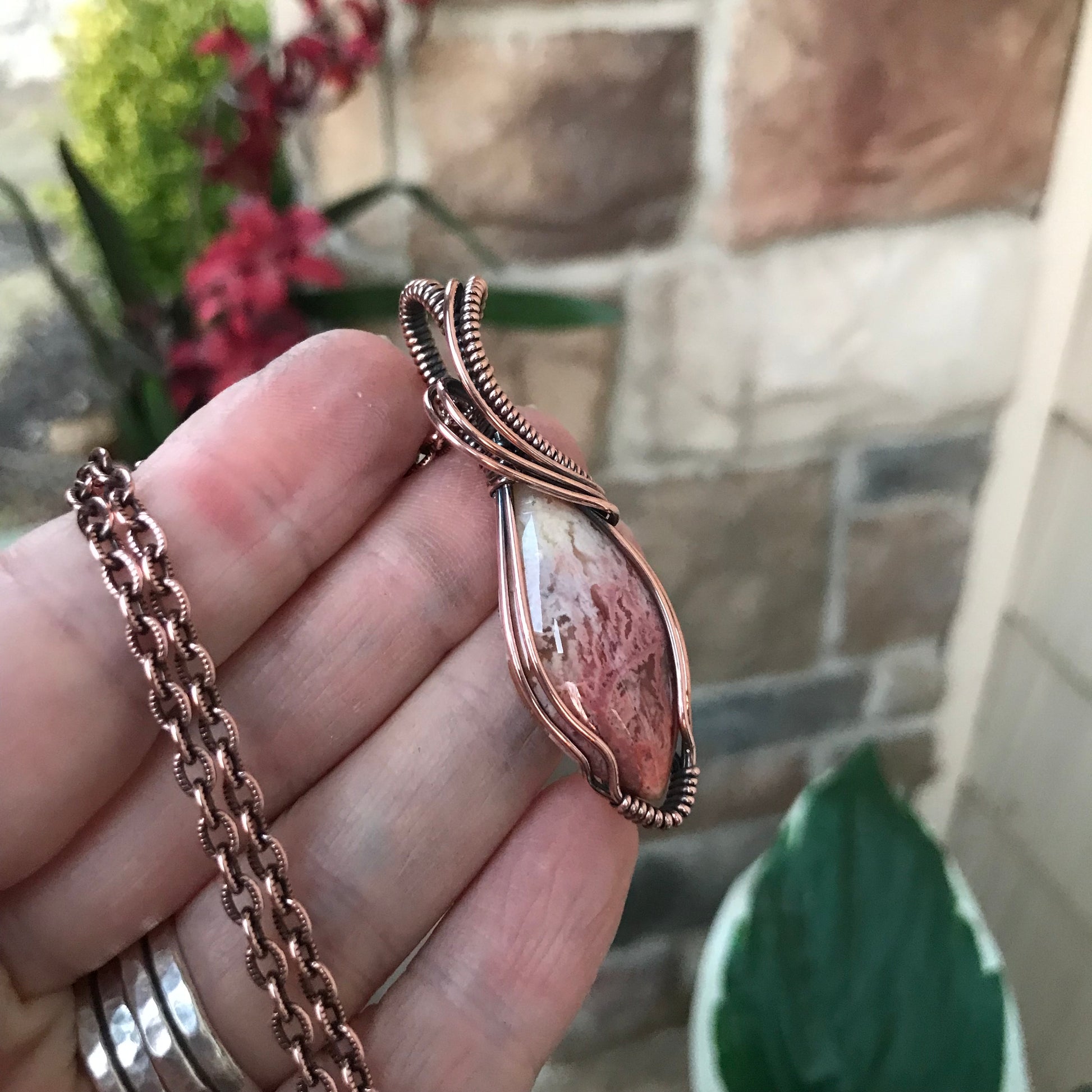 Feather Ridge Plume Agate Marquis Copper Pendant