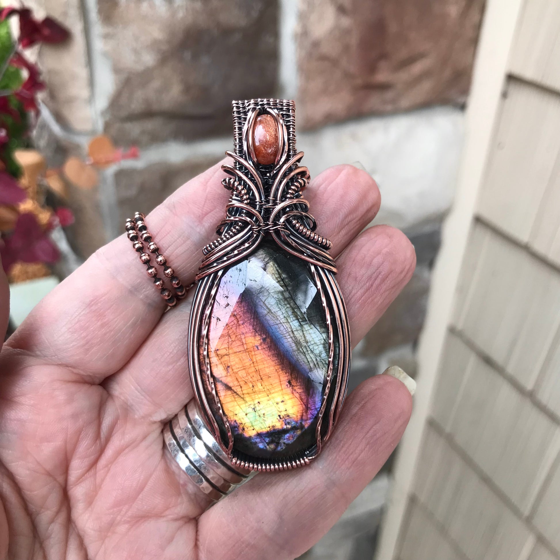 Yellow Amber Labradorite & Sunstone Copper Necklace with Weaving