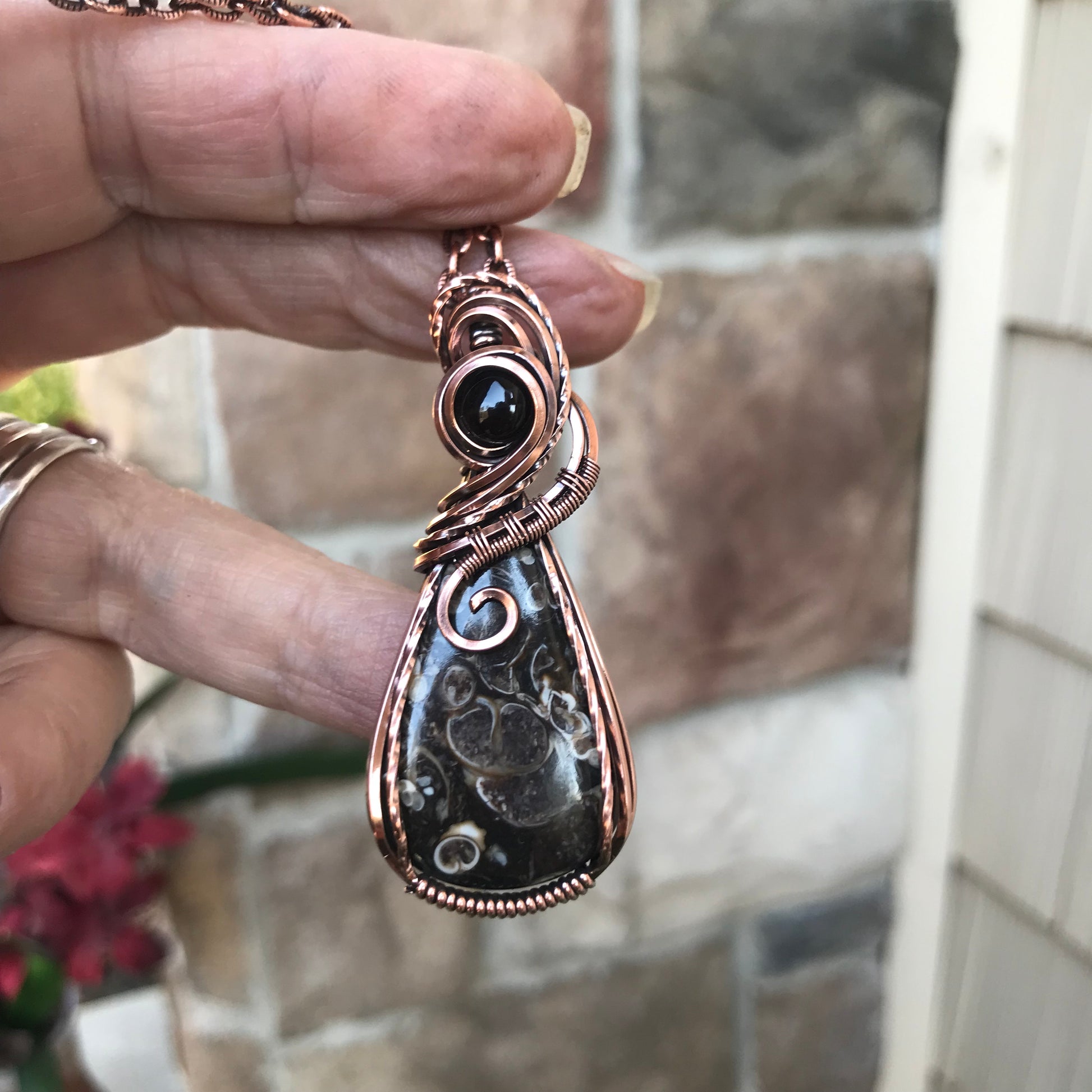 Turritella Fossil Agate & Smoky Quartz Copper Pendant