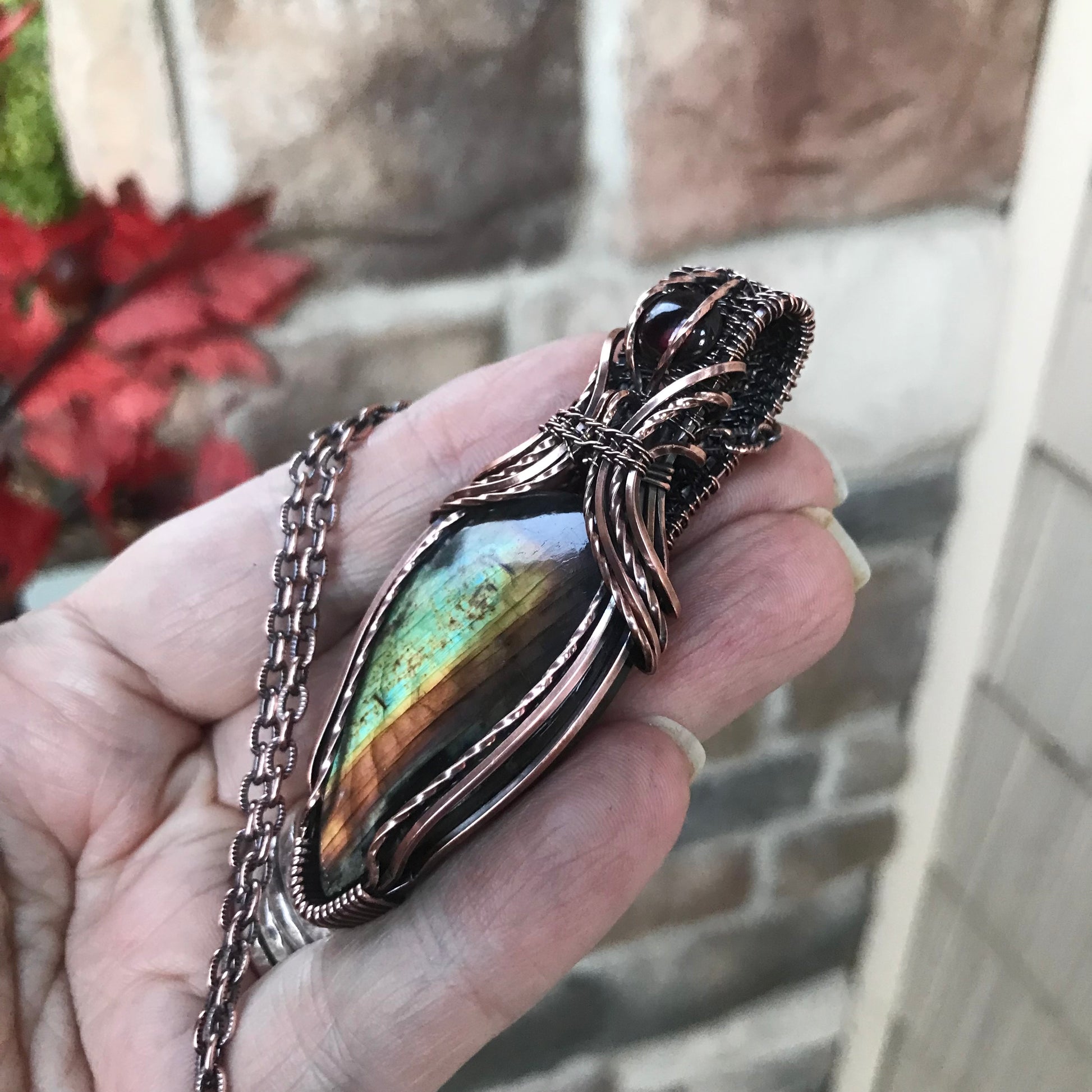 Rainbow Labradorite & Garnet Copper Pendant with Weaving