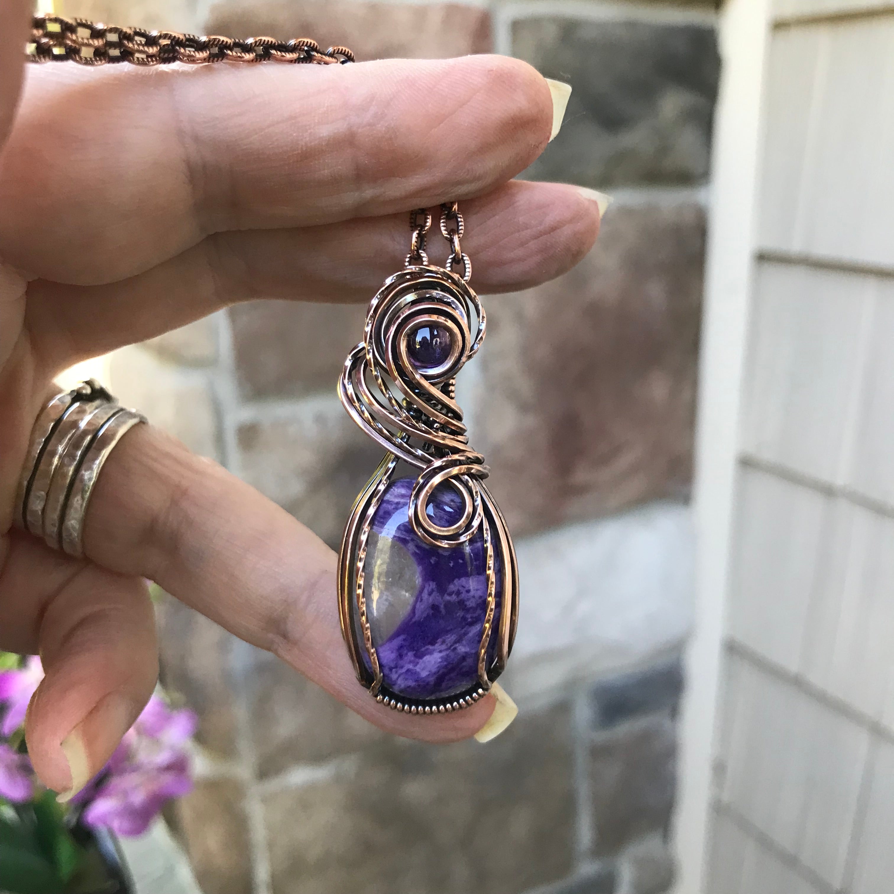 Charoite & Amethyst Oval Copper Pendant