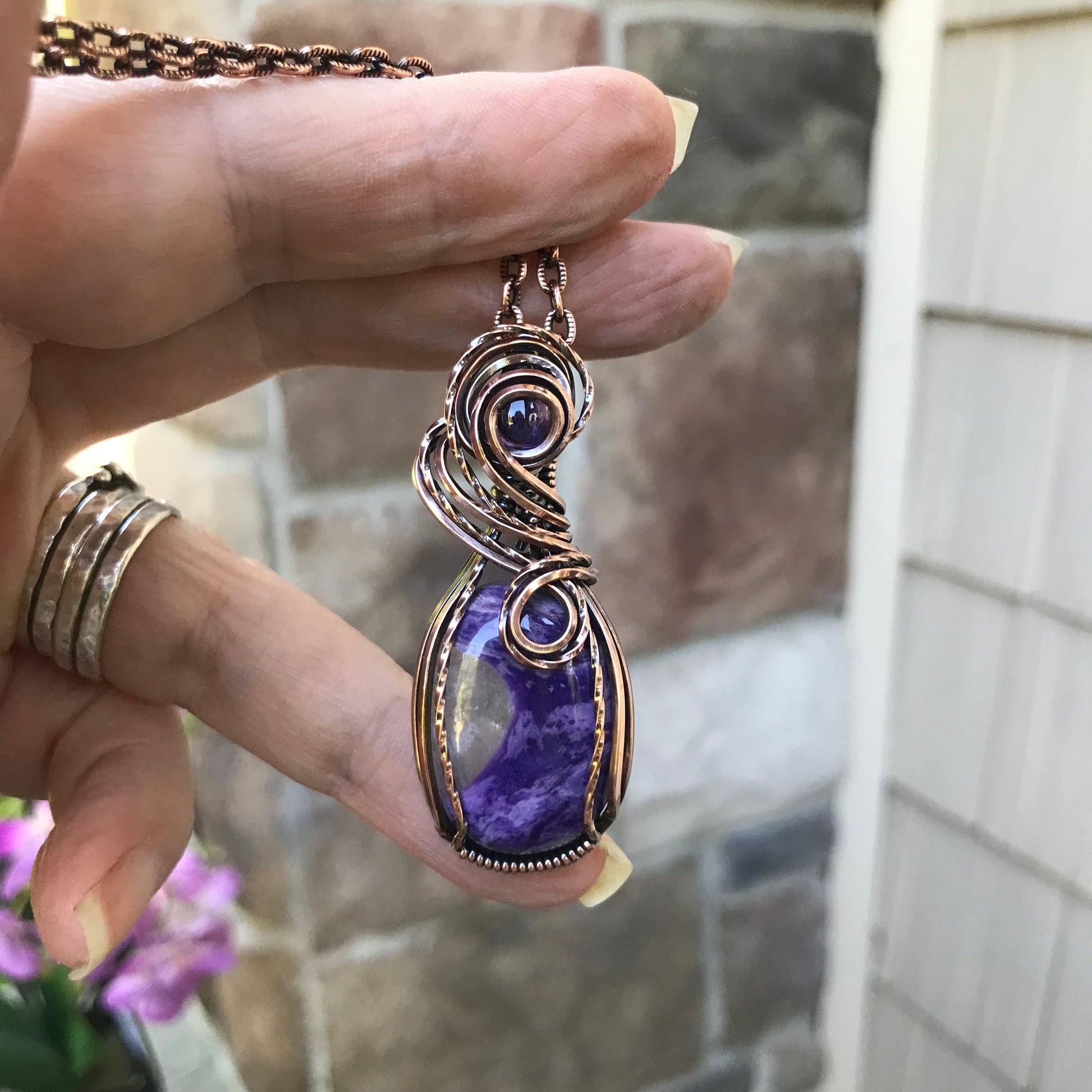 Charoite & Amethyst Oval Copper Pendant