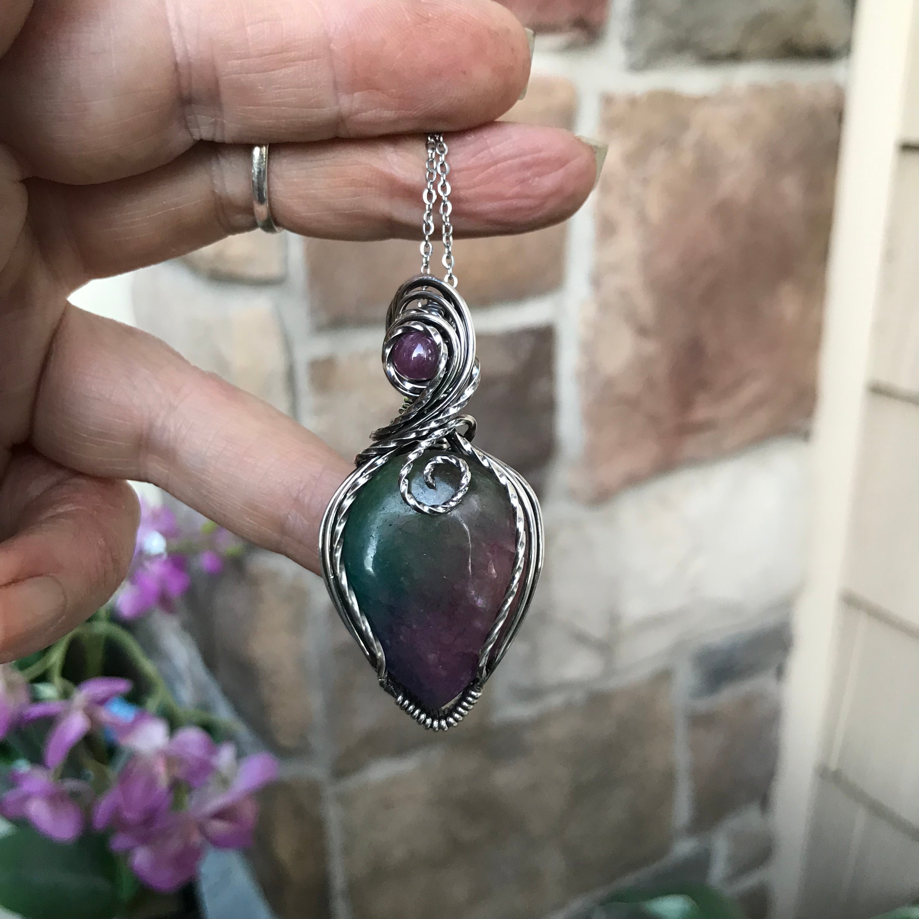 Jewel Toned Rainbow Quartz & Ruby Silver Pendant