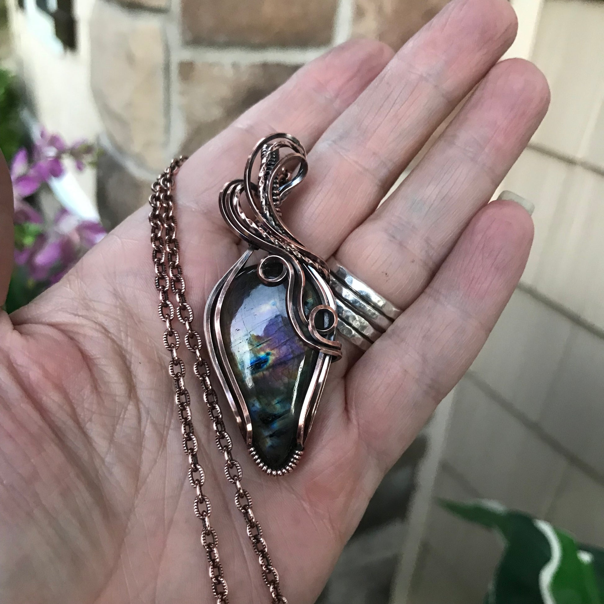 Purple Pink Labradorite Swirly Copper Necklace