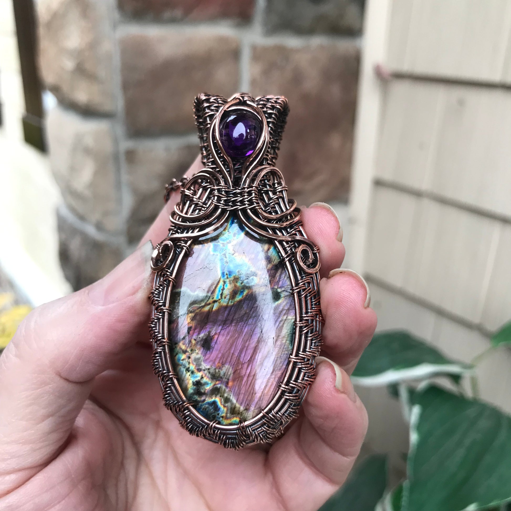 Purple Pink Labradorite & Amethyst Oval Copper Woven Pendant