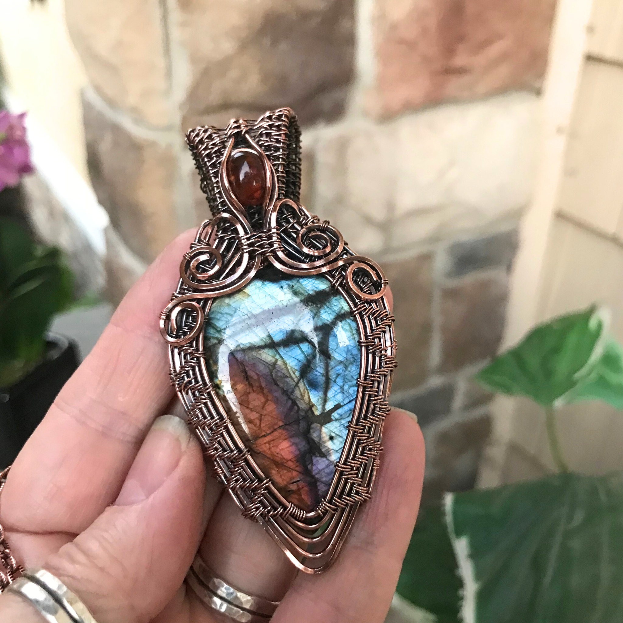 Blue Amber Labradorite & Garnet Woven Pendant