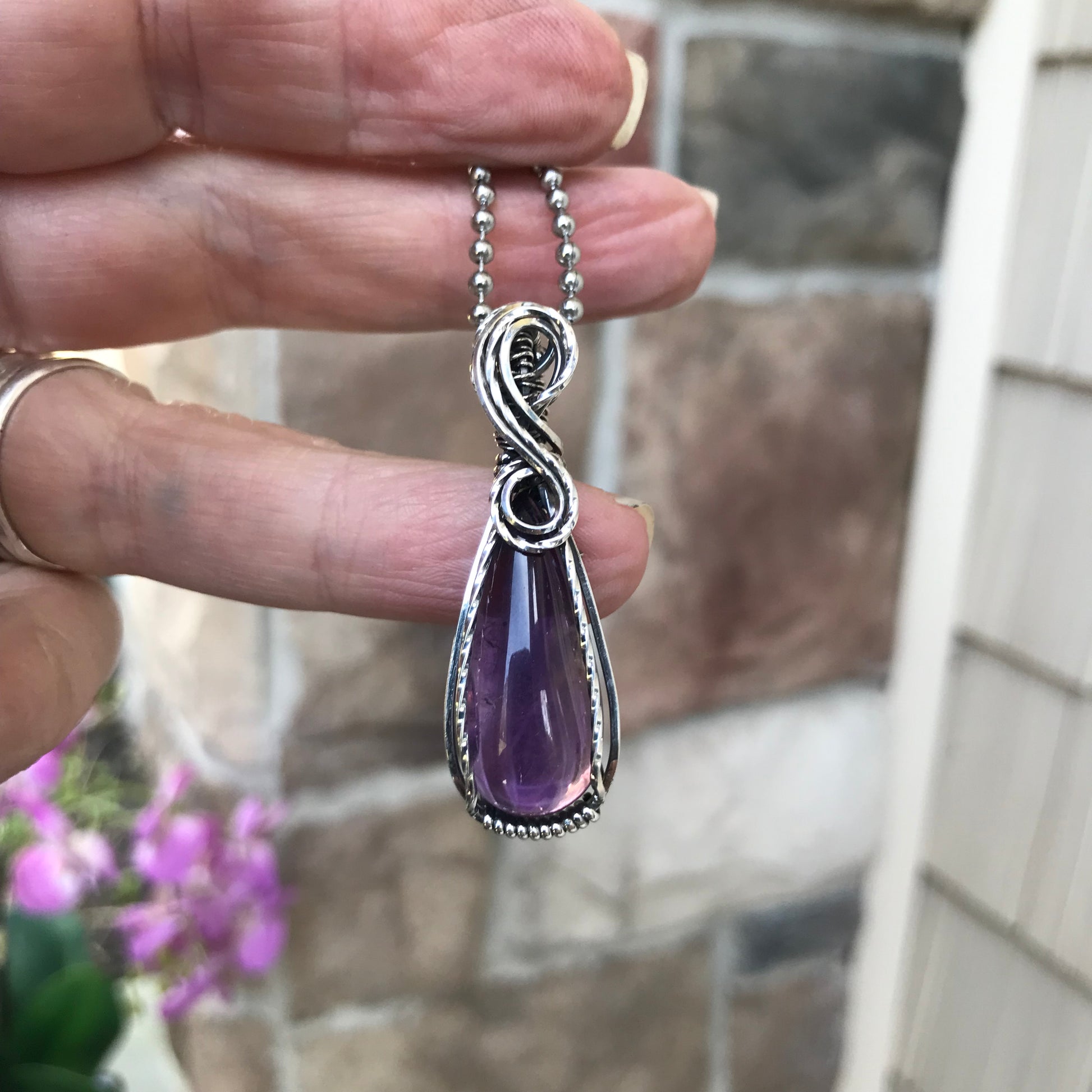 Amethyst Slender Teardrop Silver Necklace