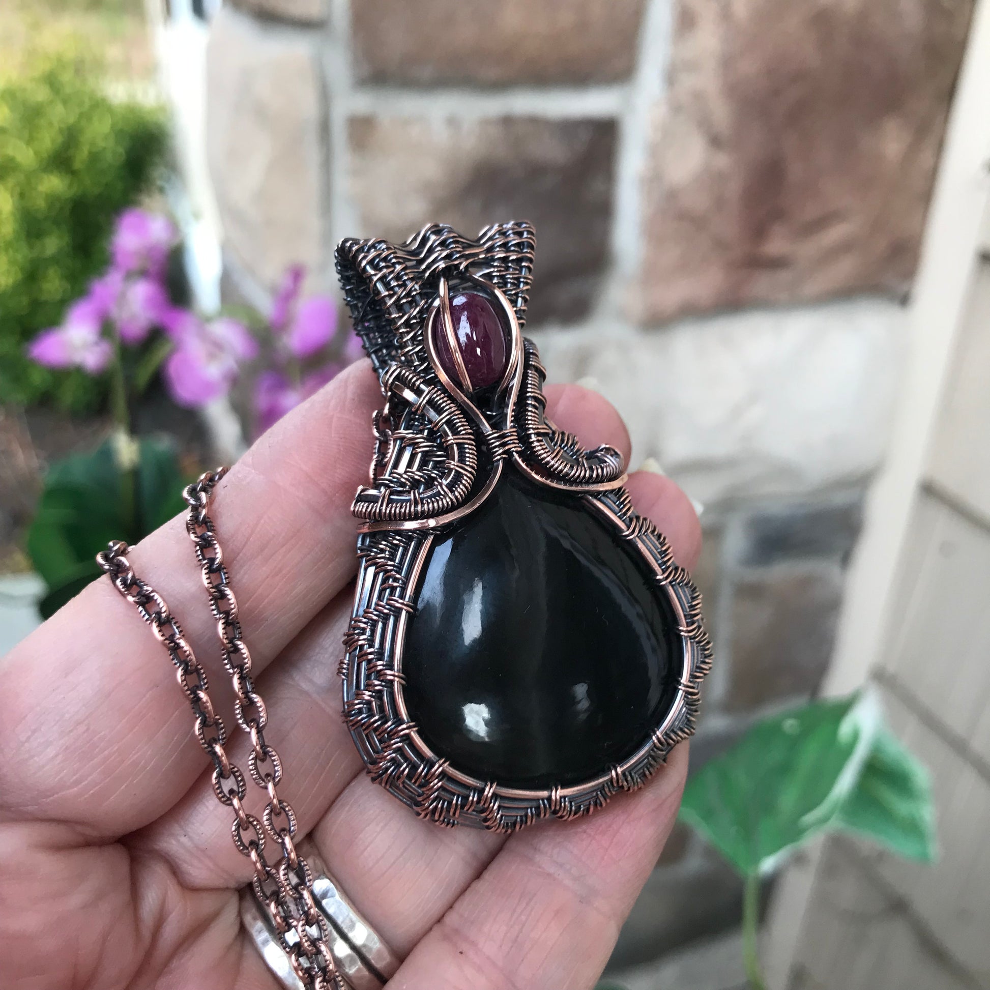 Black Obsidian & Ruby Woven Copper Necklace