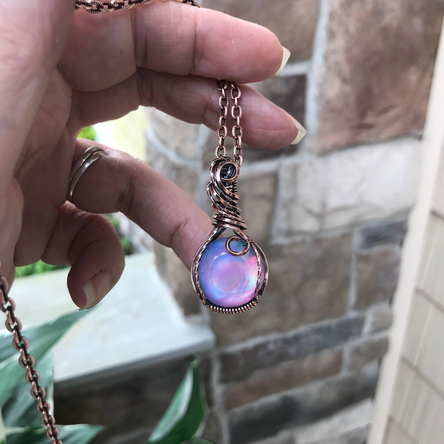 Aurora Opal  Faceted Round Copper Pendant