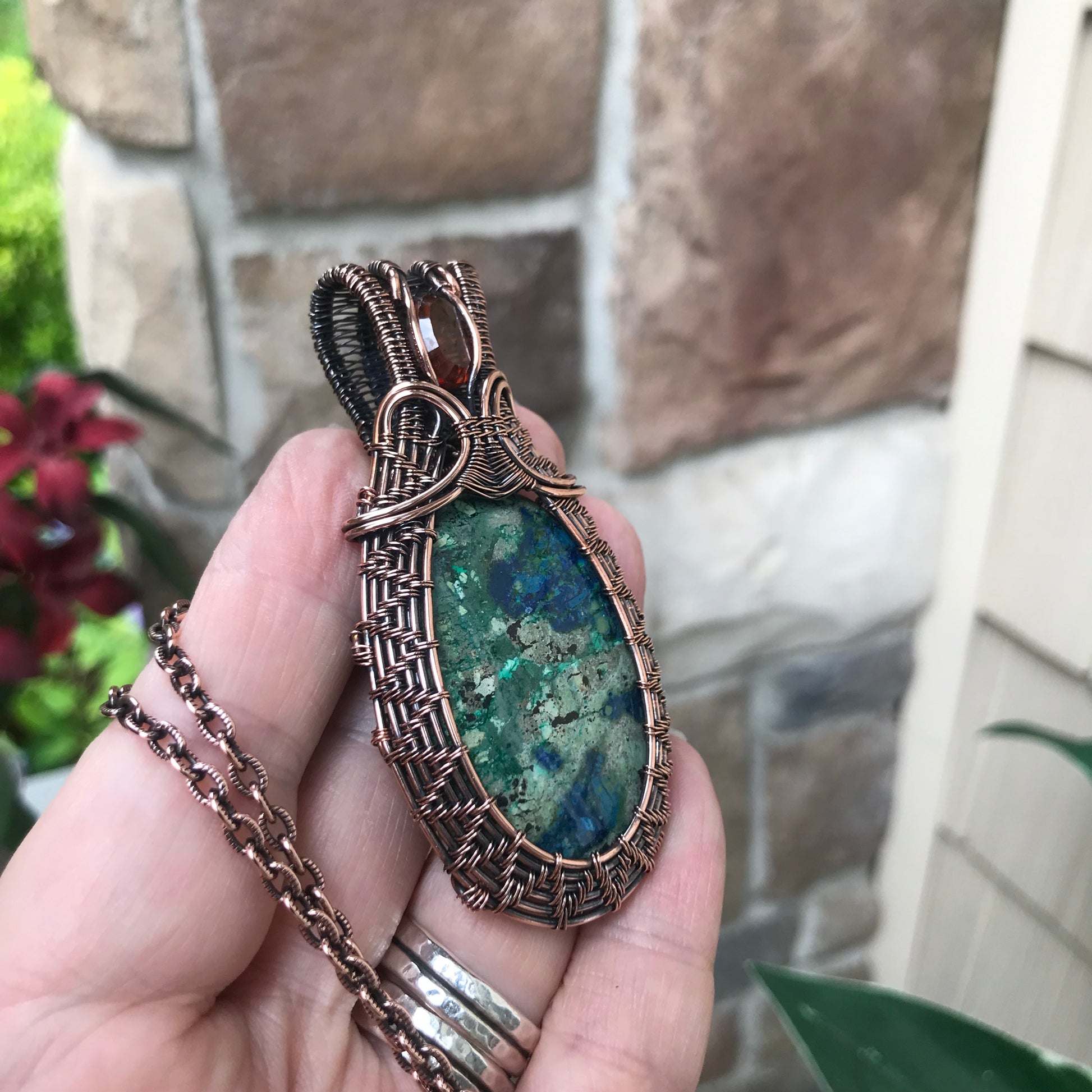Azurite & Hessonite Garnet Woven Copper Pendant