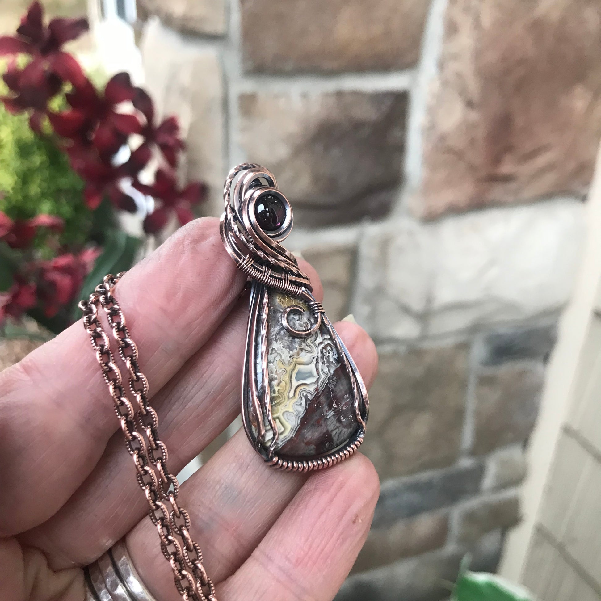 Maroon White Crazy Lace Agate & Garnet Copper Pendant