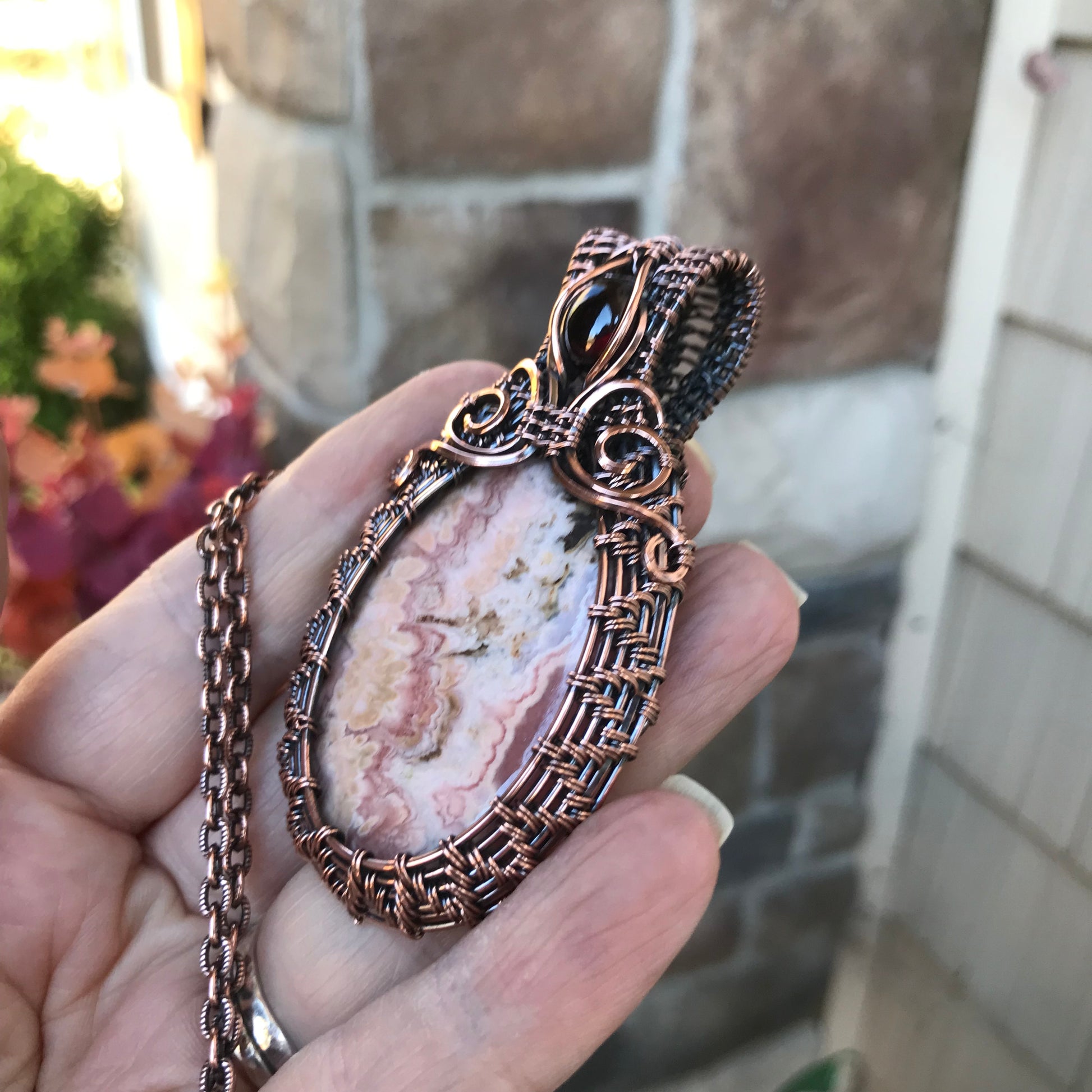 Rhodochrosite & Garnet Copper Woven Necklace