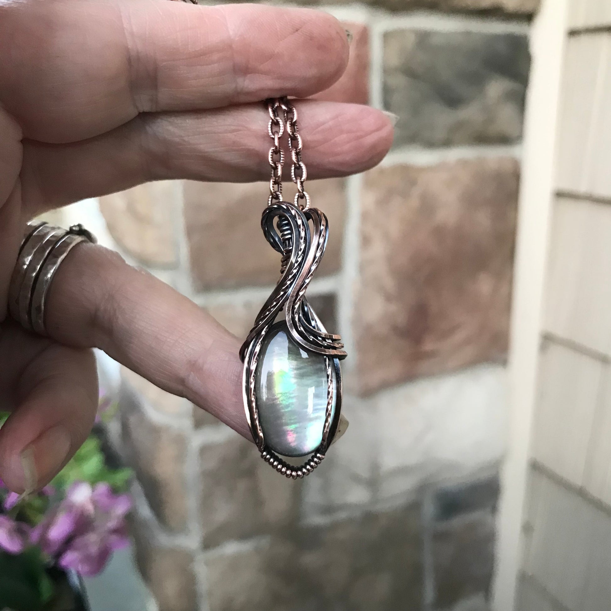 Mother of Pearl Oval Pink & Green Doublet Copper Necklace