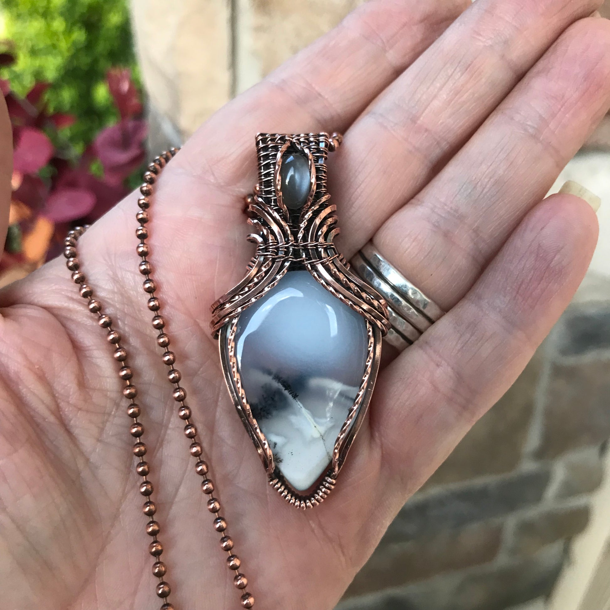 Dentritic Agate & Gray Moonstone Copper Necklace with Weaving