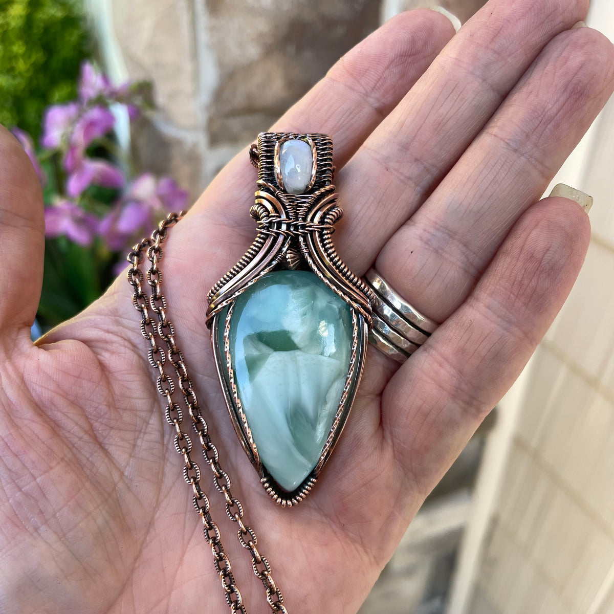 Larimar & Moonstone Copper Pendant with Weaving