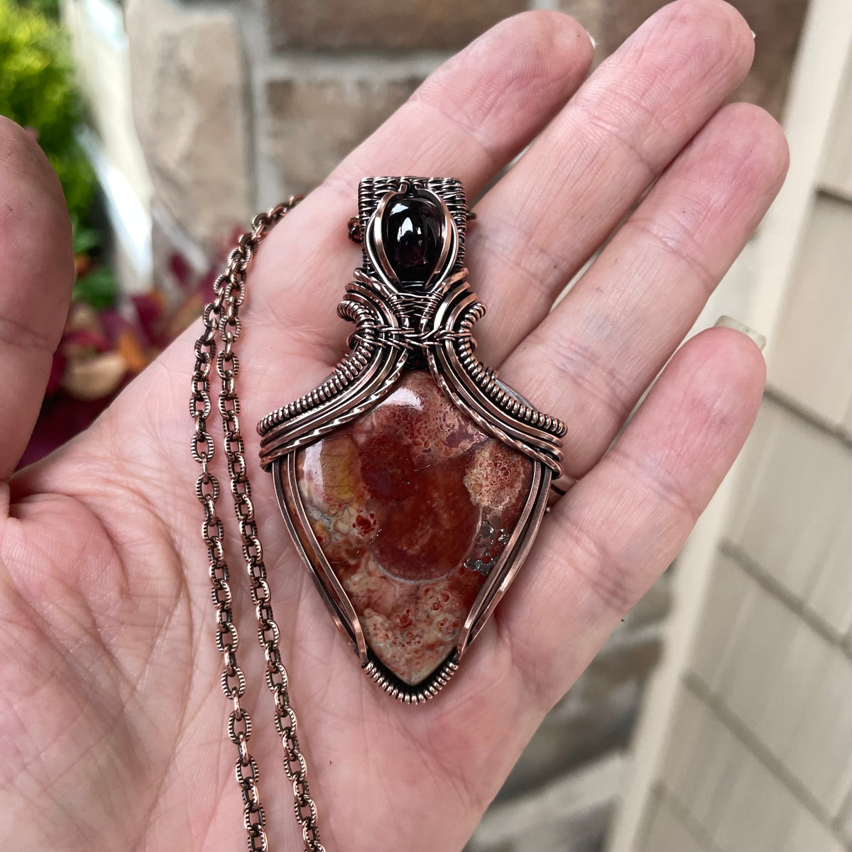 Wild Eye Jasper & Garnet Copper Pendant with Weaving