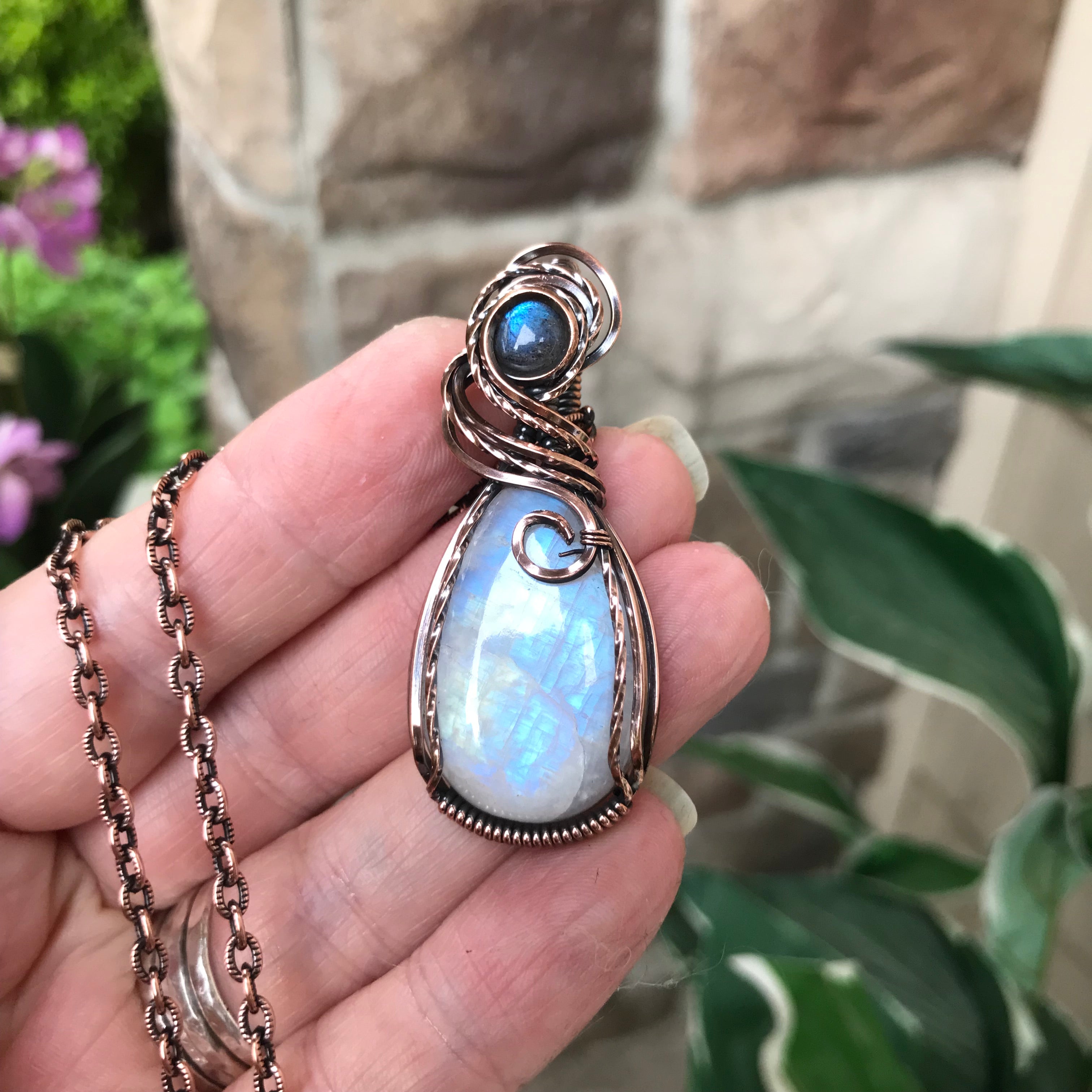 Moonstone & Blue Labradorite Copper Pendant