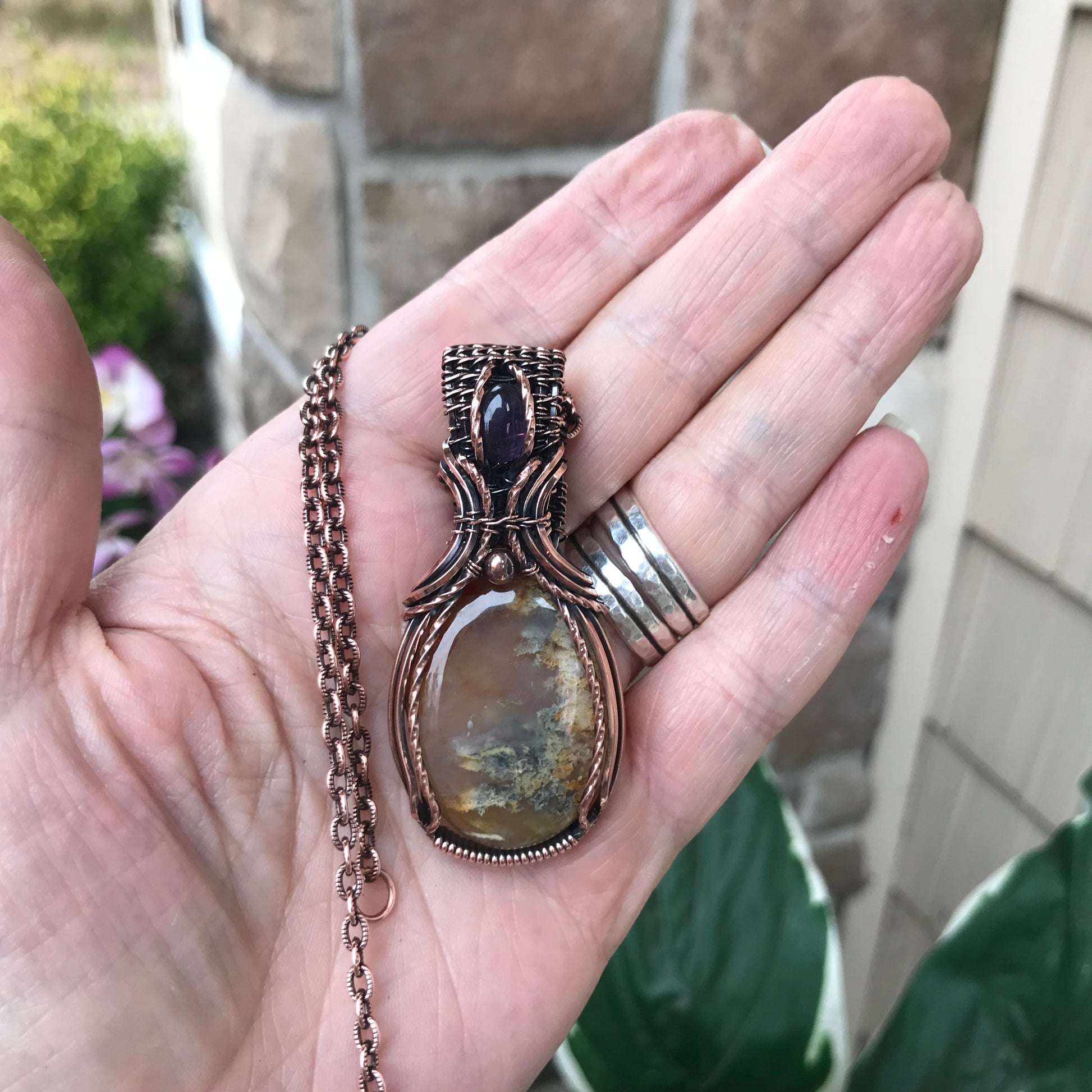 CUSTOM LISTING - Graveyard Point Plume Agate & Amethyst Copper Pendant