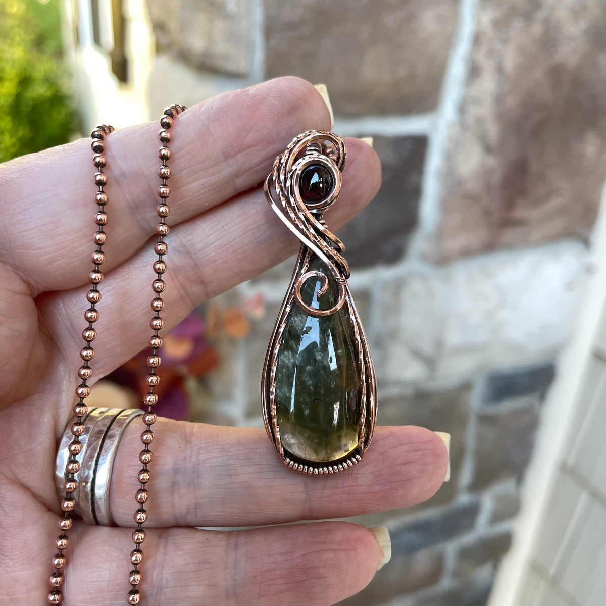 Lodolite Garden Quartz & Garnet Copper Necklace