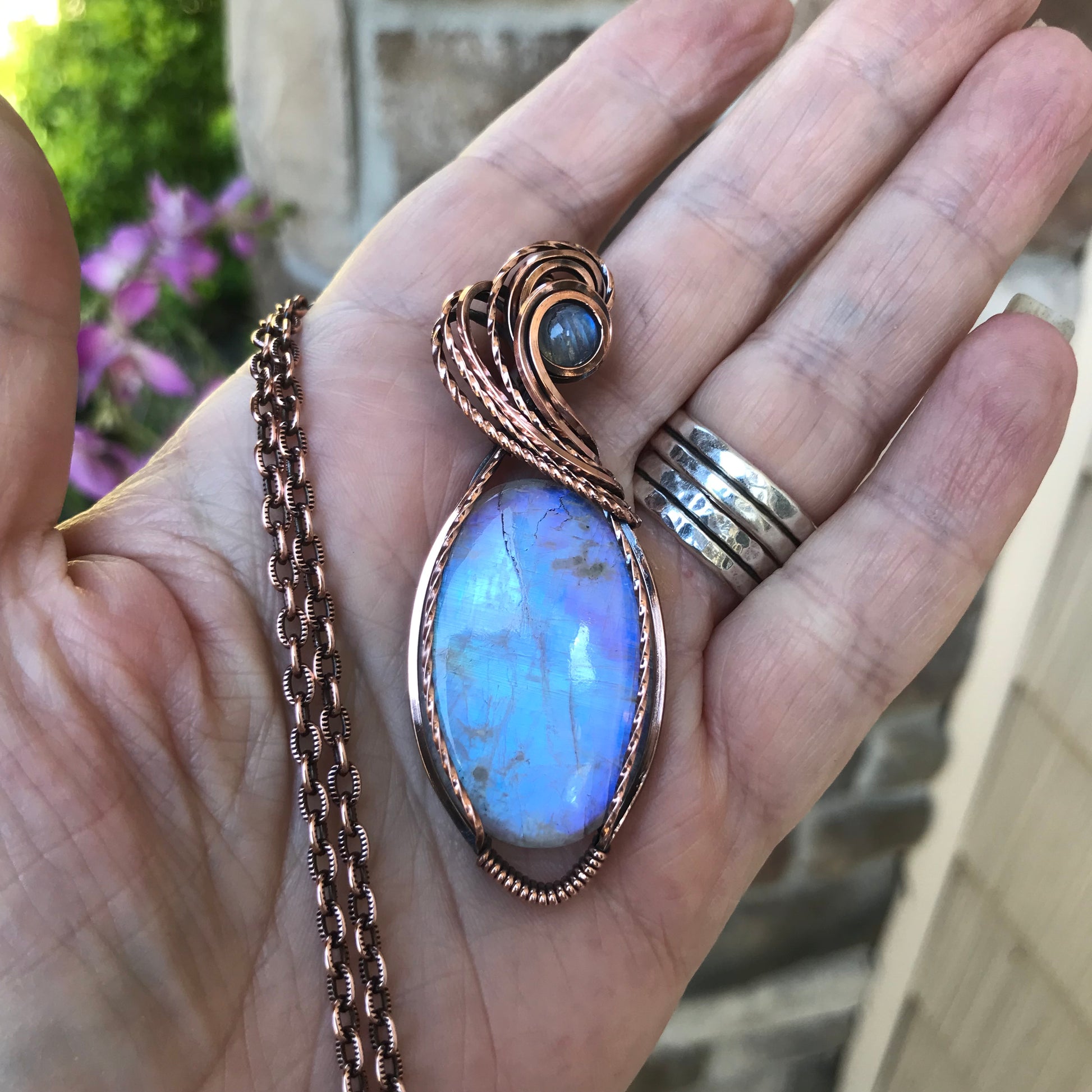 Blue Moonstone Oval Copper Pendant