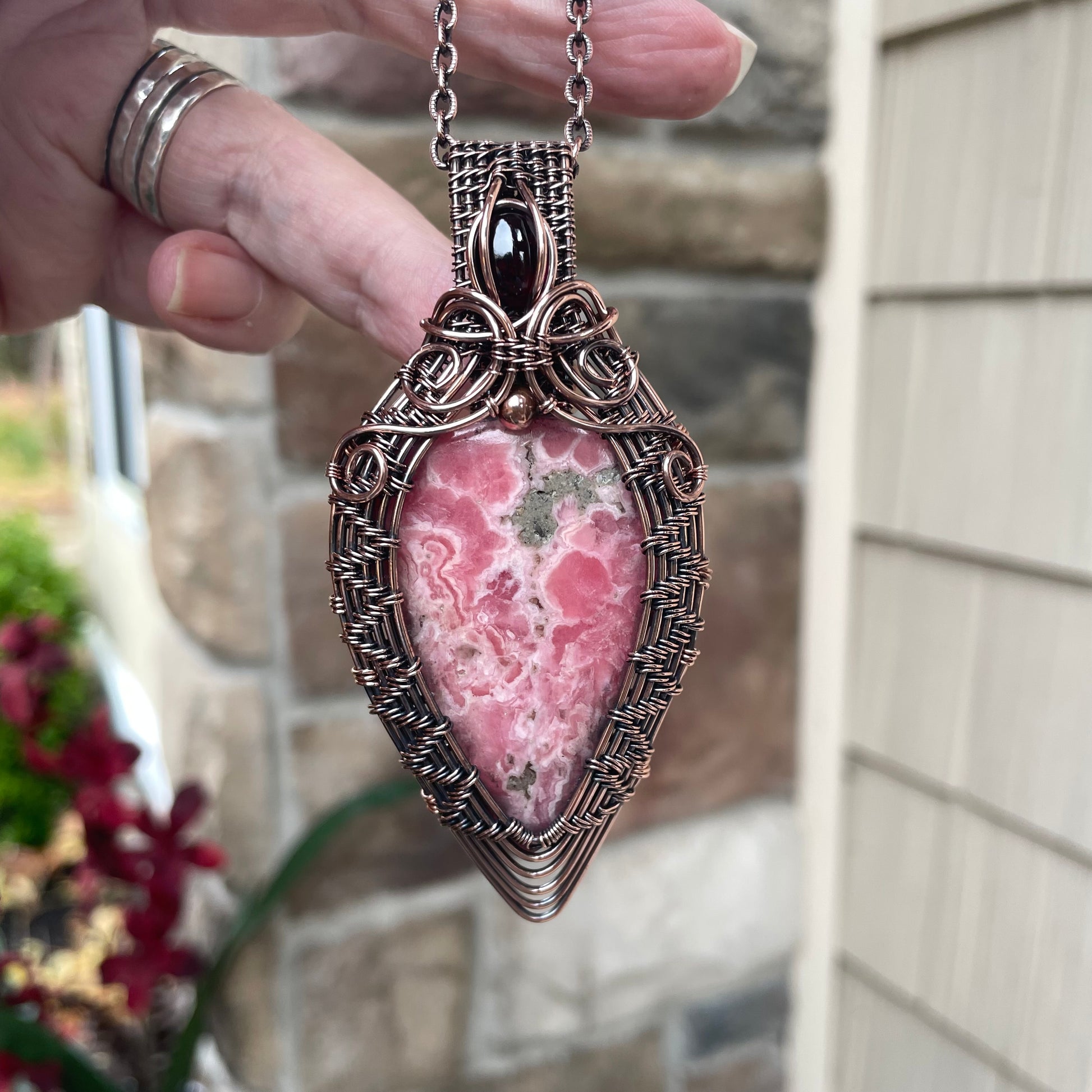 Rhodochrosite & Garnet Woven Copper Pendant