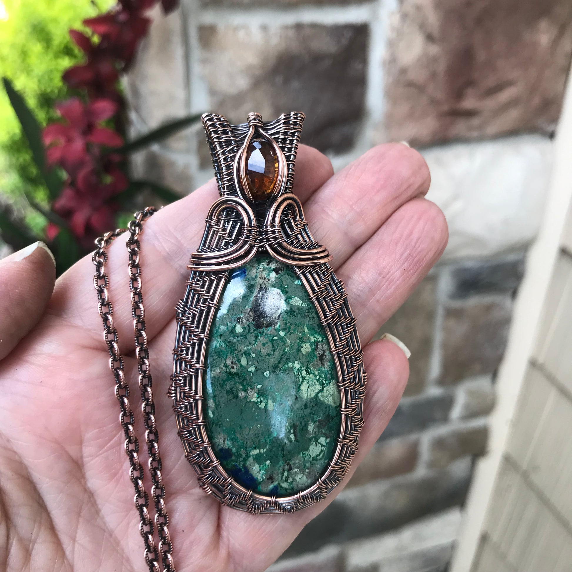 Azurite & Hessonite Garnet Woven Copper Pendant