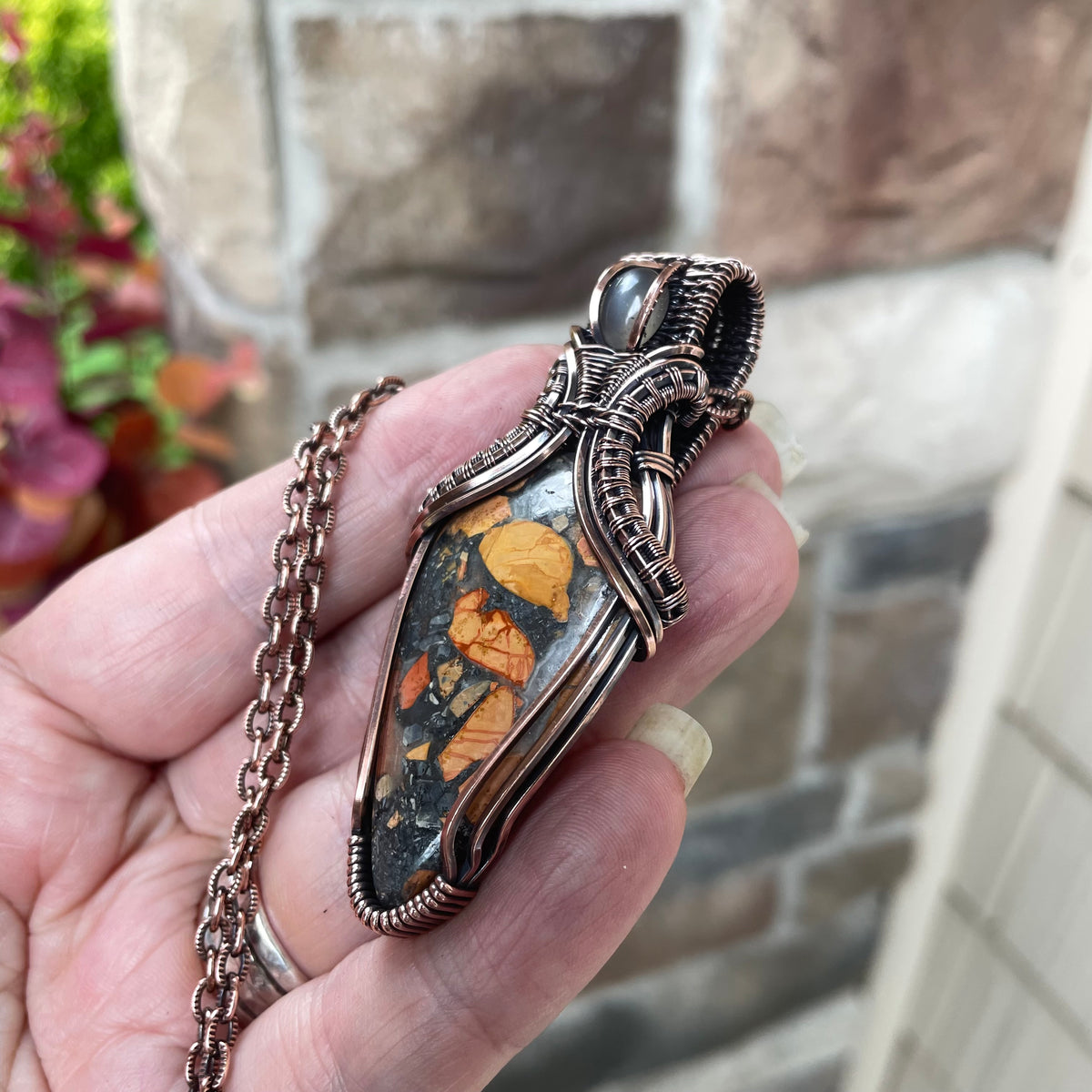 Maligano Jasper & Gray Moonstone Copper Pendant with Weaving