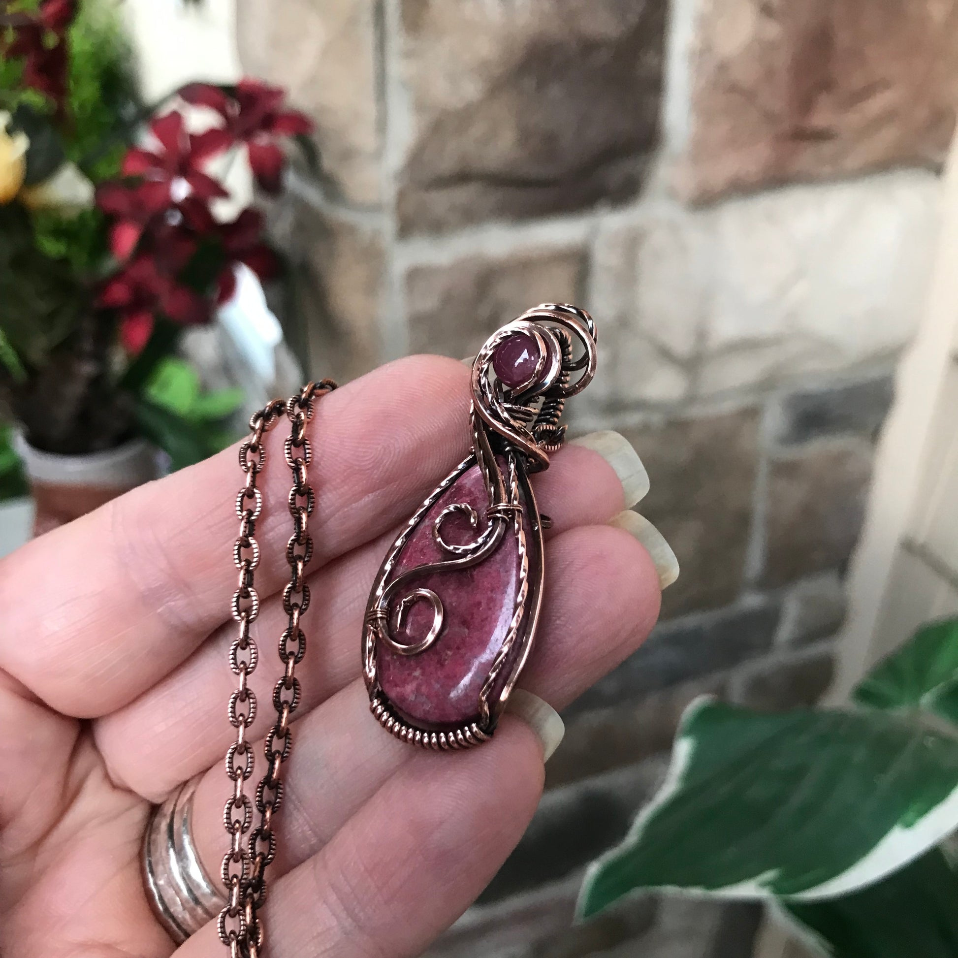 Thulite & Pink Sapphire Copper Pendant