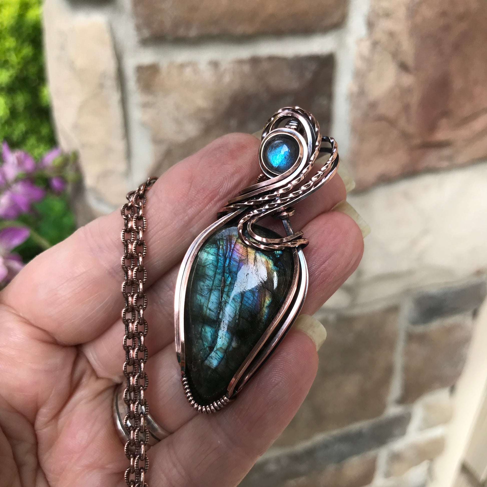 Teal Rainbow Labradorite Copper Pendant