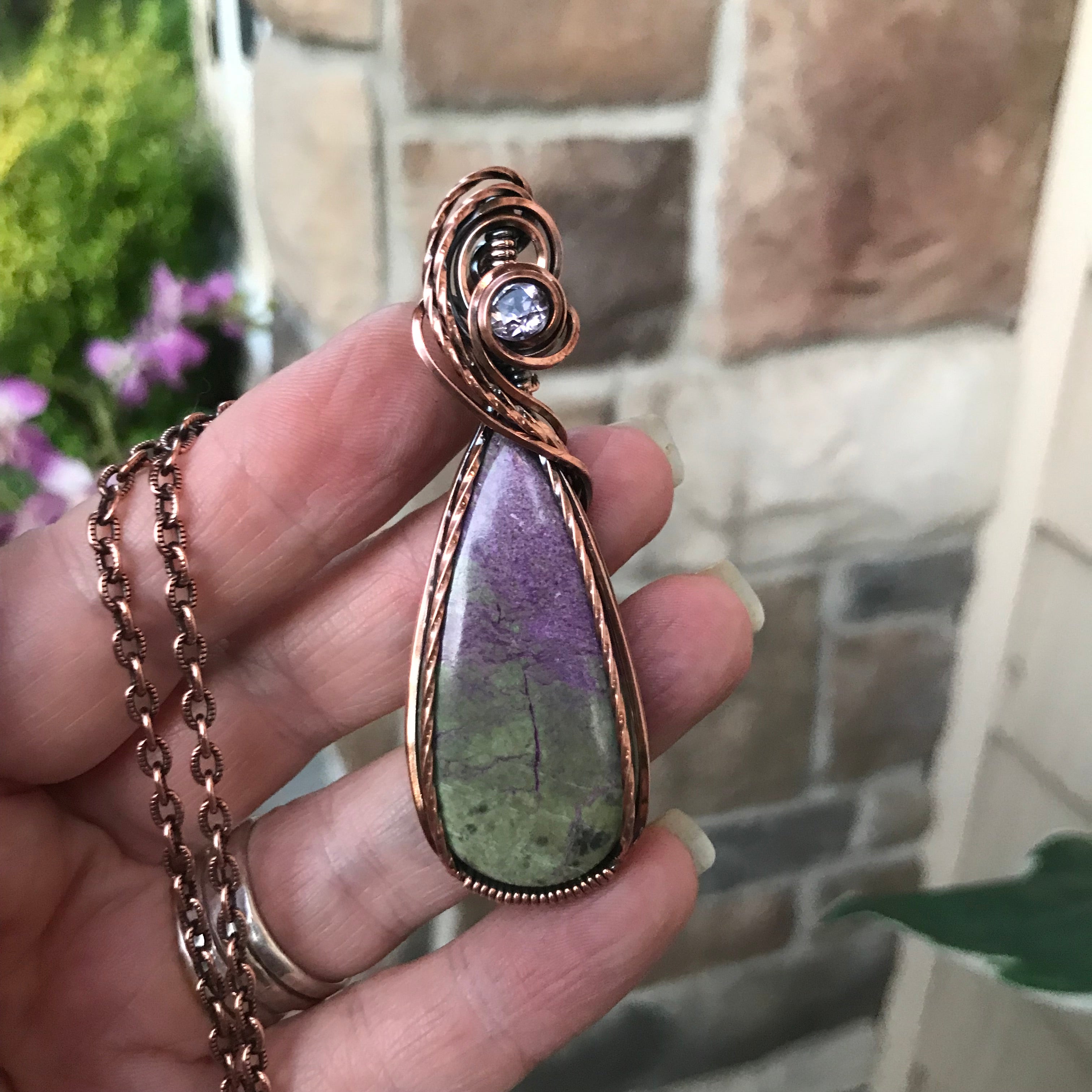 Stichtite & Pink Amethyst Slender Swirly Copper Pendant