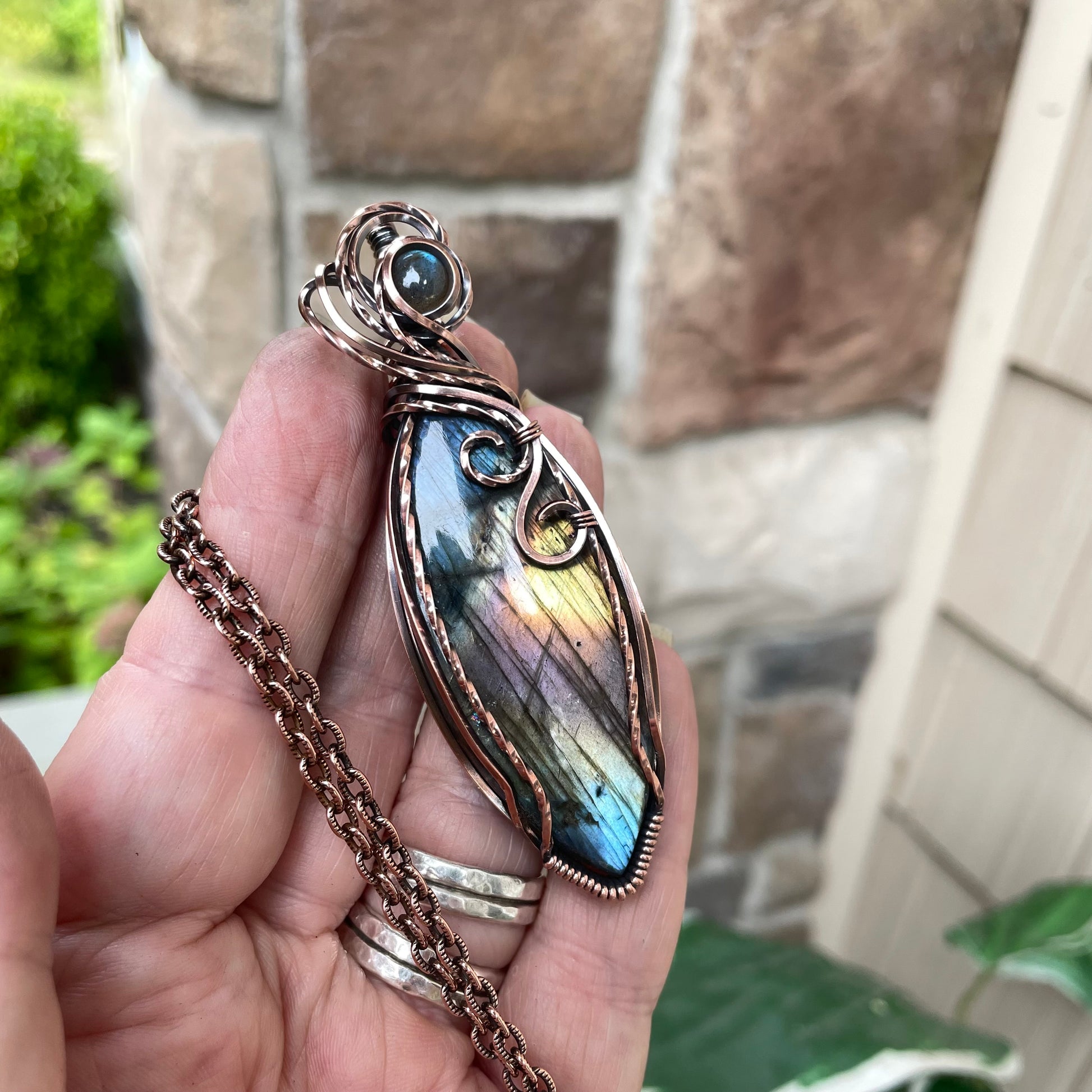 Marquis Rainbow Labradorite & Blue Labradorite Accent Copper Pendant