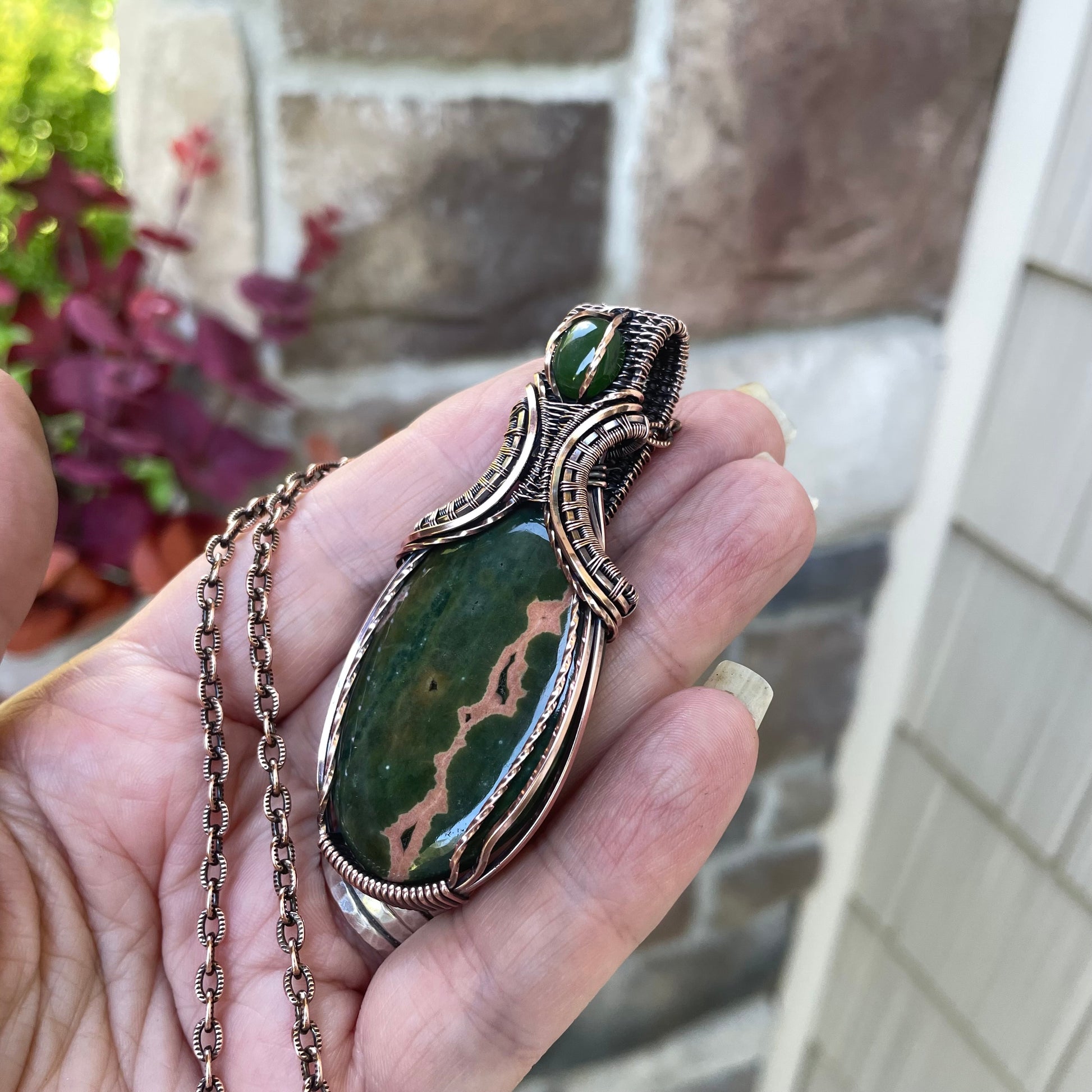 Ocean Jasper & Jade  Copper Pendant with Weaving