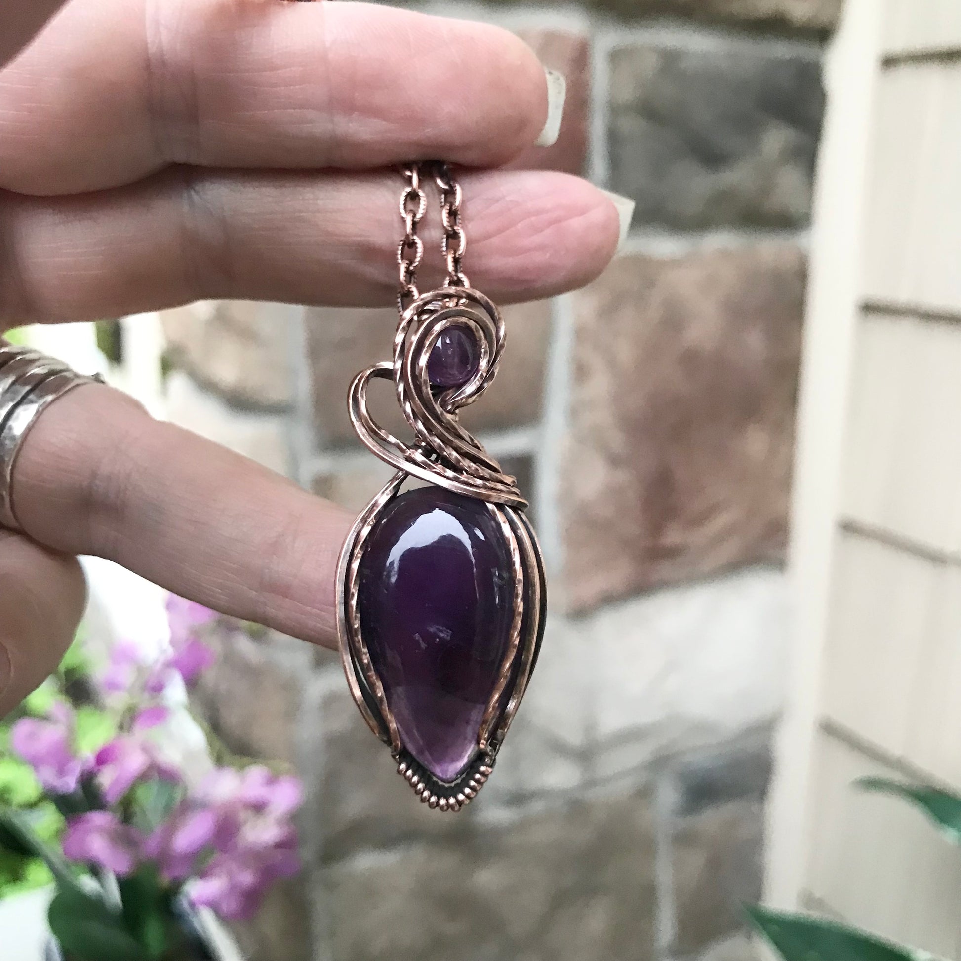 Amethyst with Amethyst Accent Teardrop Copper Pendant