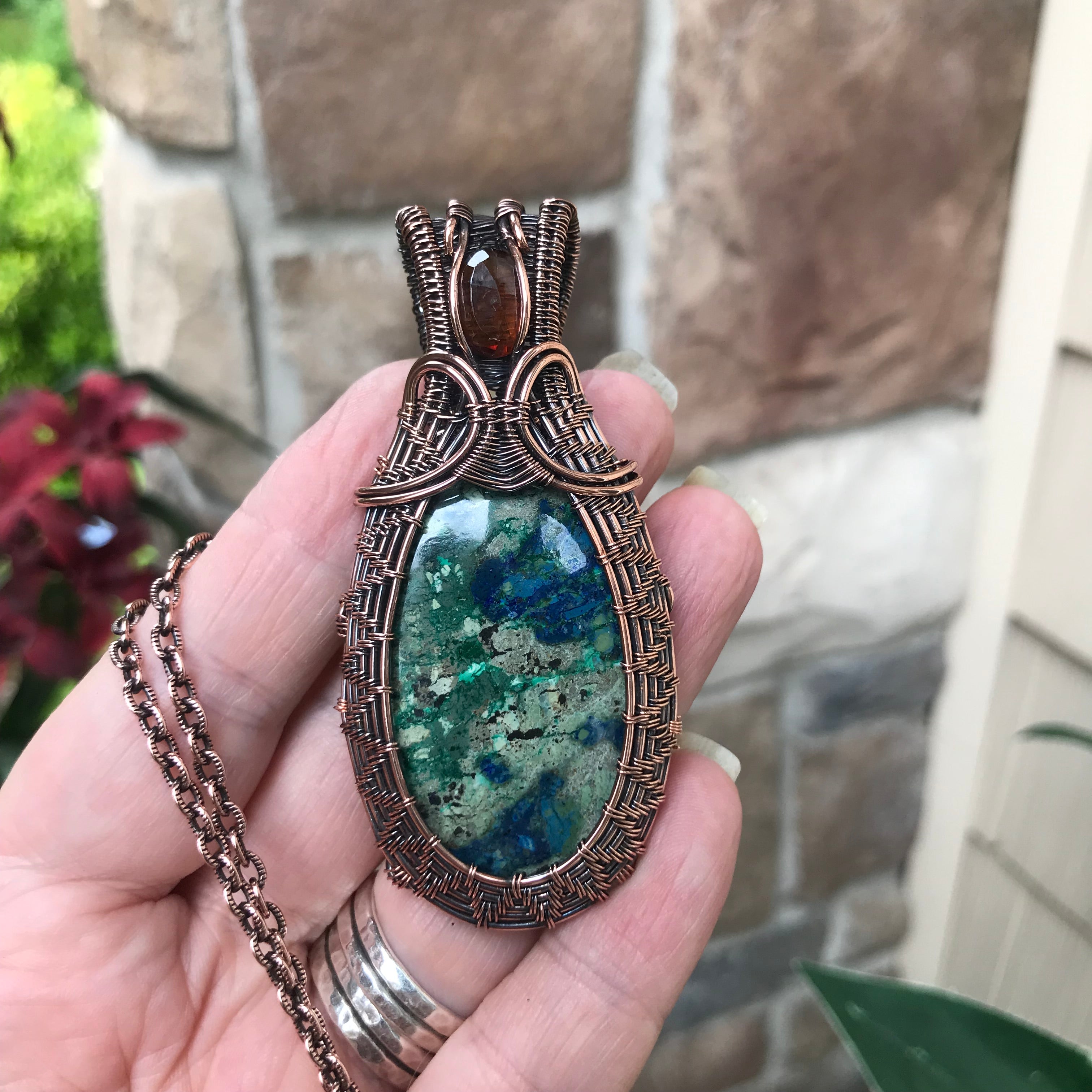 Azurite & Hessonite Garnet Woven Copper Pendant