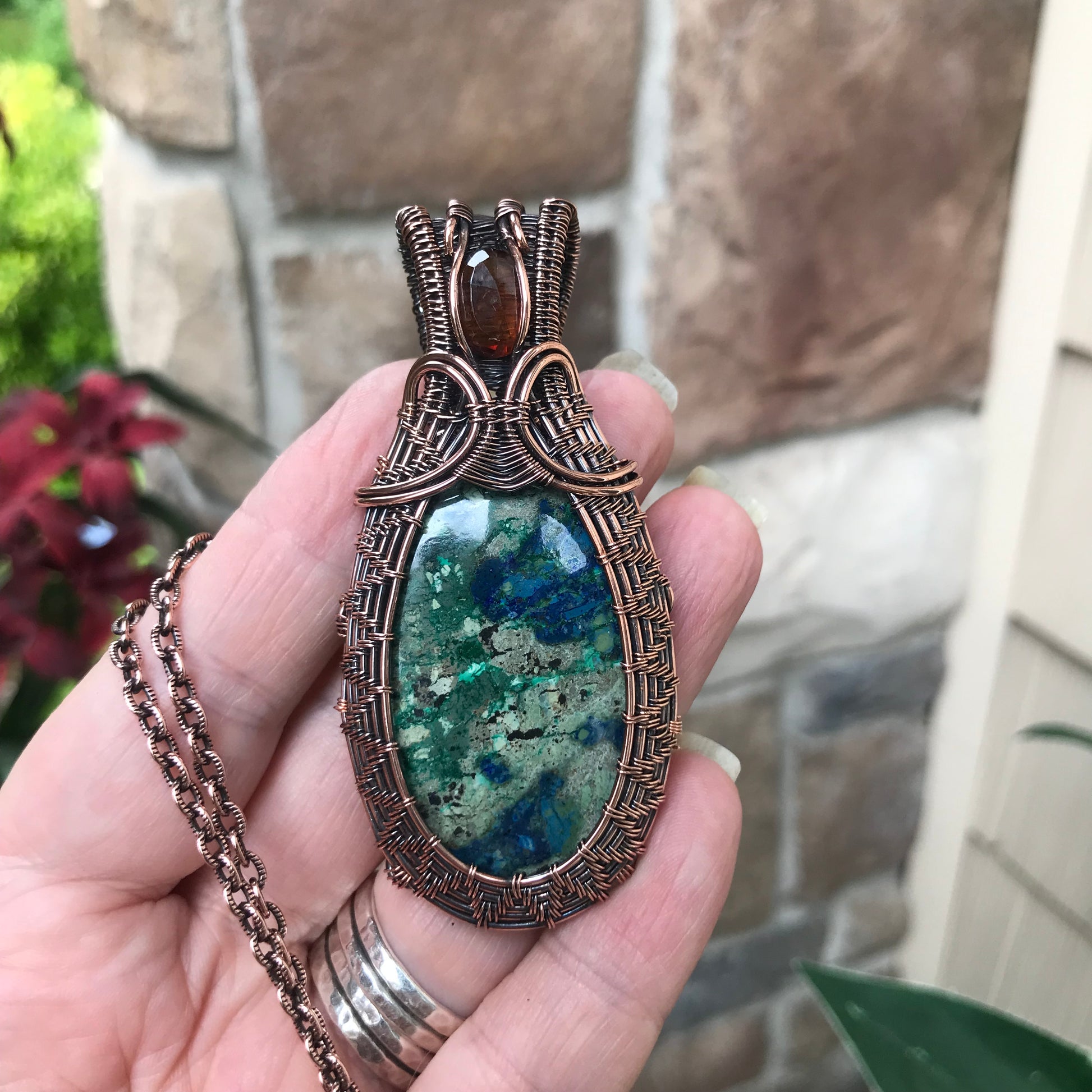 Azurite & Hessonite Garnet Woven Copper Pendant