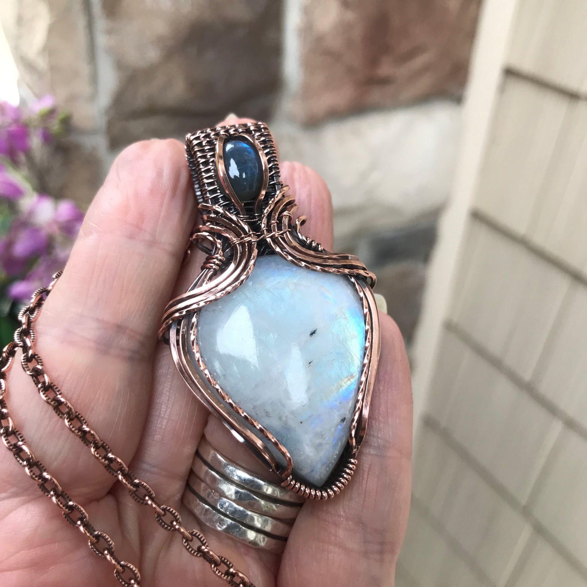 Moonstone & Blue Labradorite Copper Necklace with Weaving