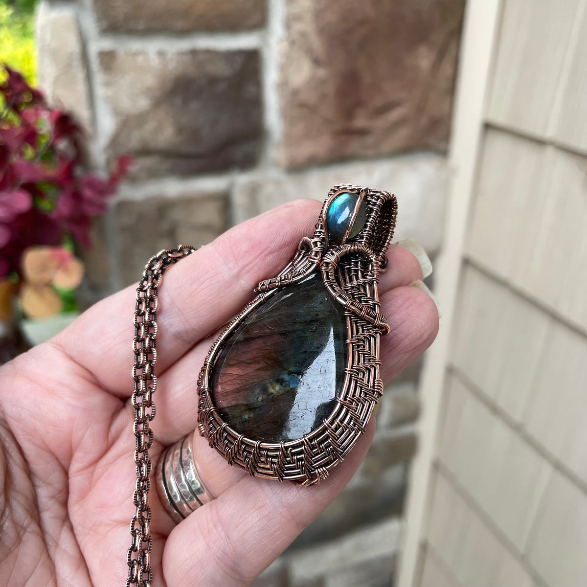 Purple Blue Labradorite  Copper Woven Pendant