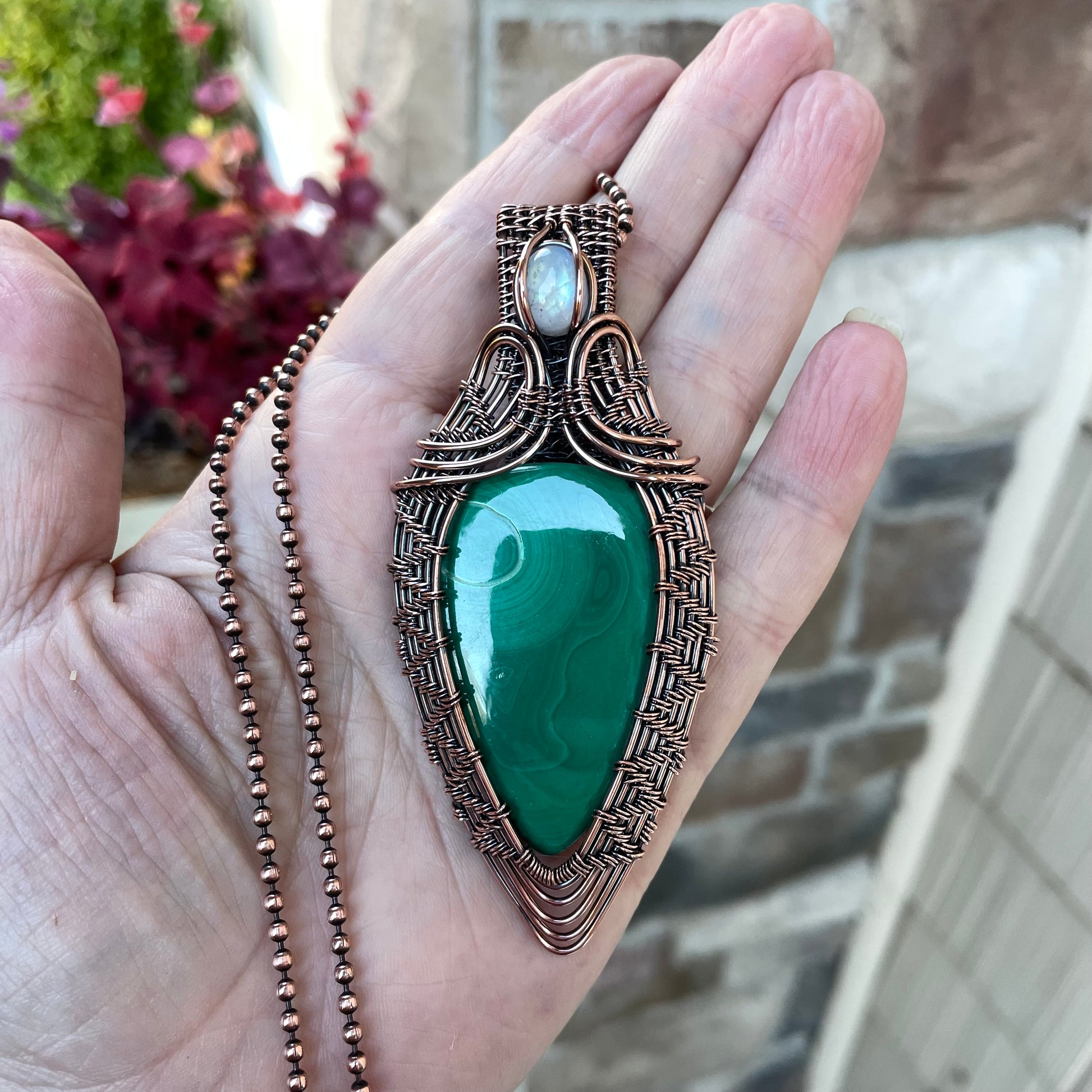 Malachite & Moonstone Woven Copper Pendant
