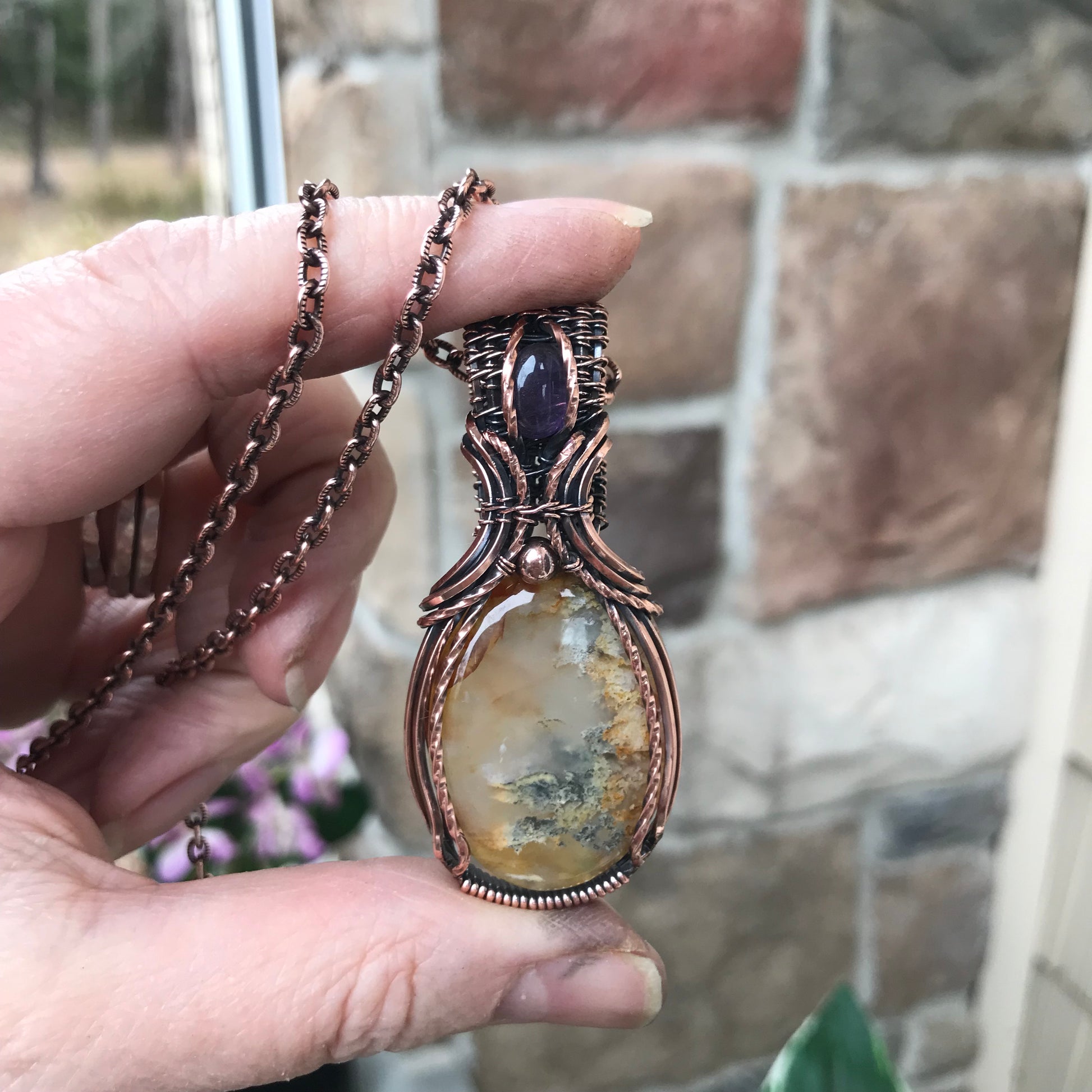 CUSTOM LISTING - Graveyard Point Plume Agate & Amethyst Copper Pendant