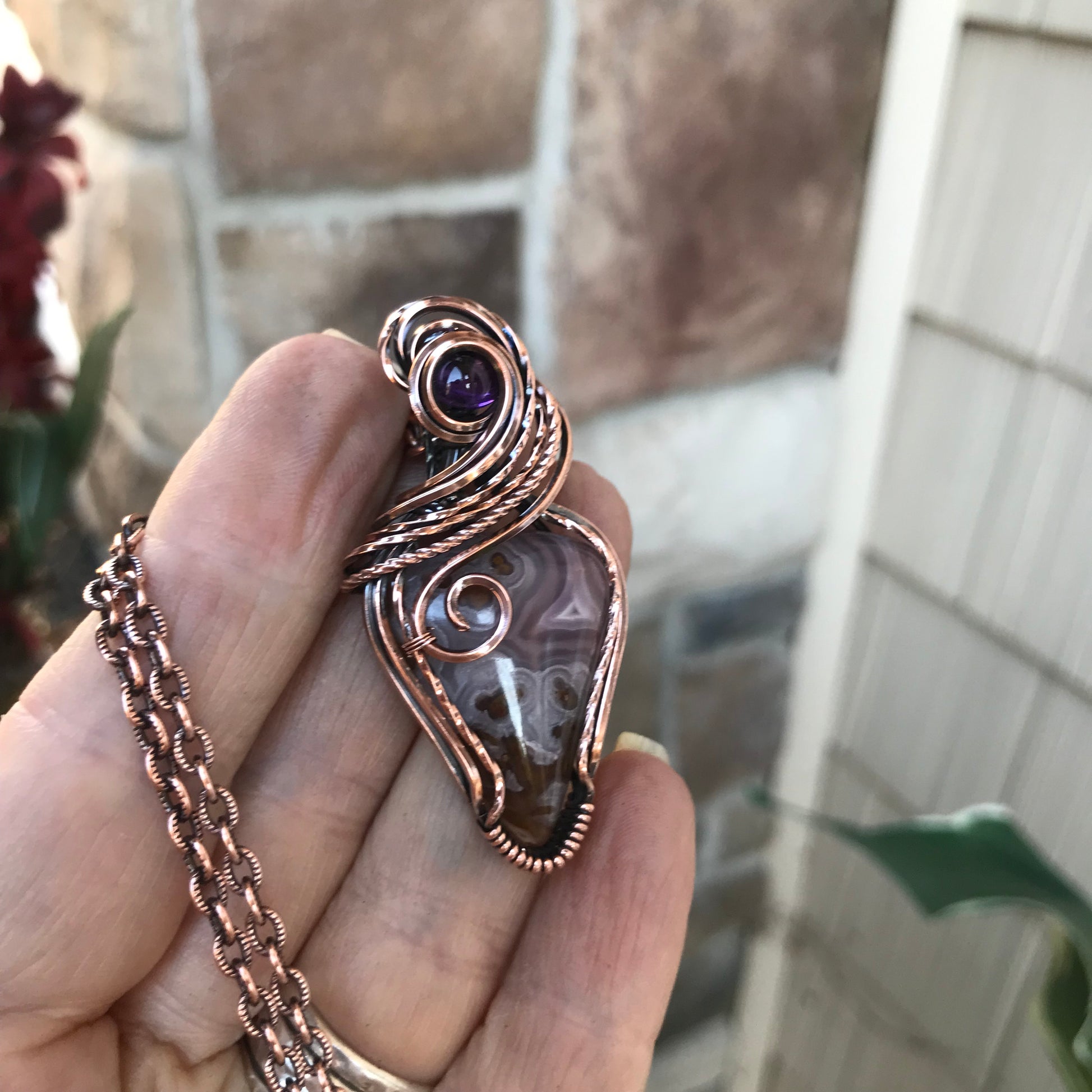 Pink Plume Moss Agate (Agua Nueva) w/Amethyst Copper Pendant