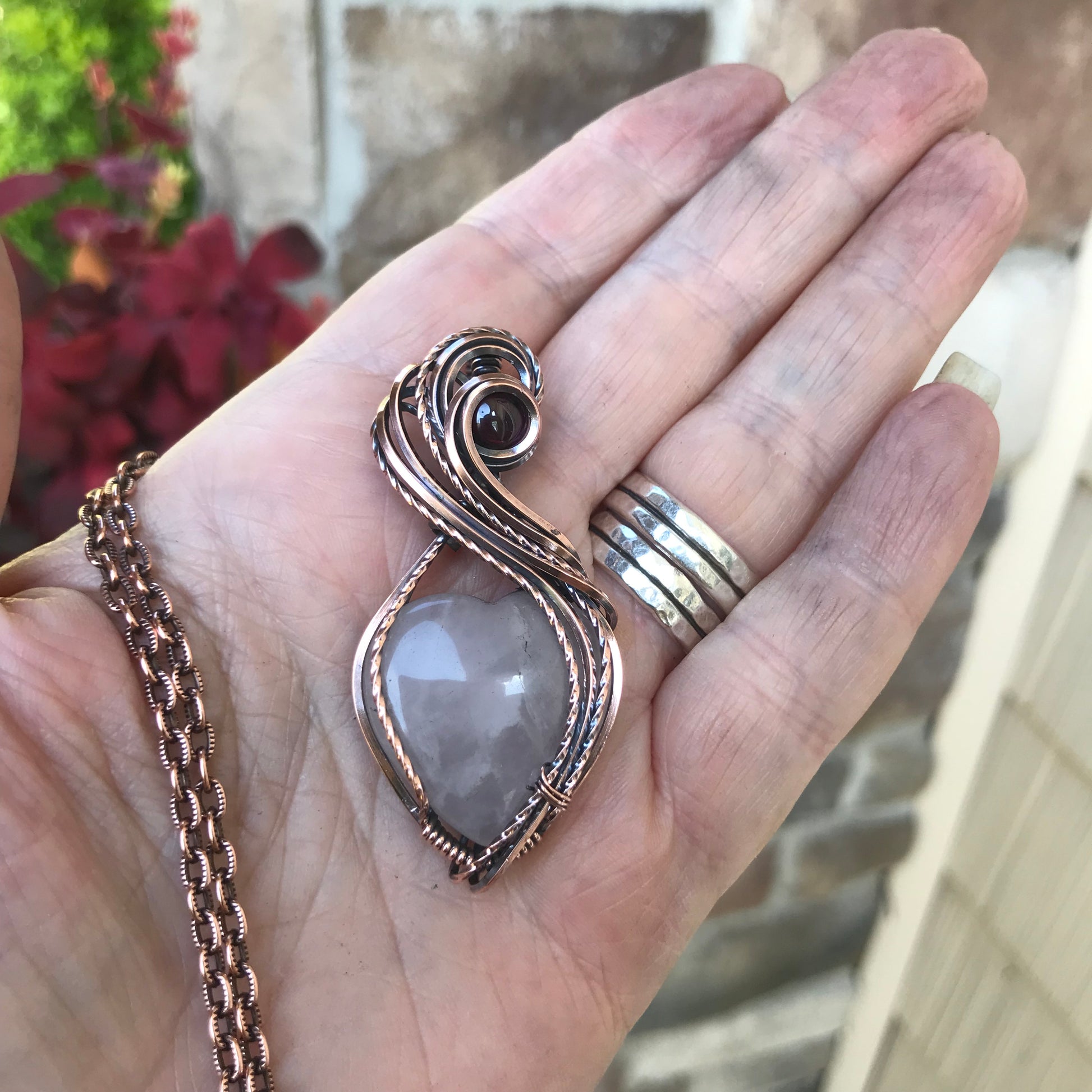 Rose Quartz with Garnet Heart Copper Pendant