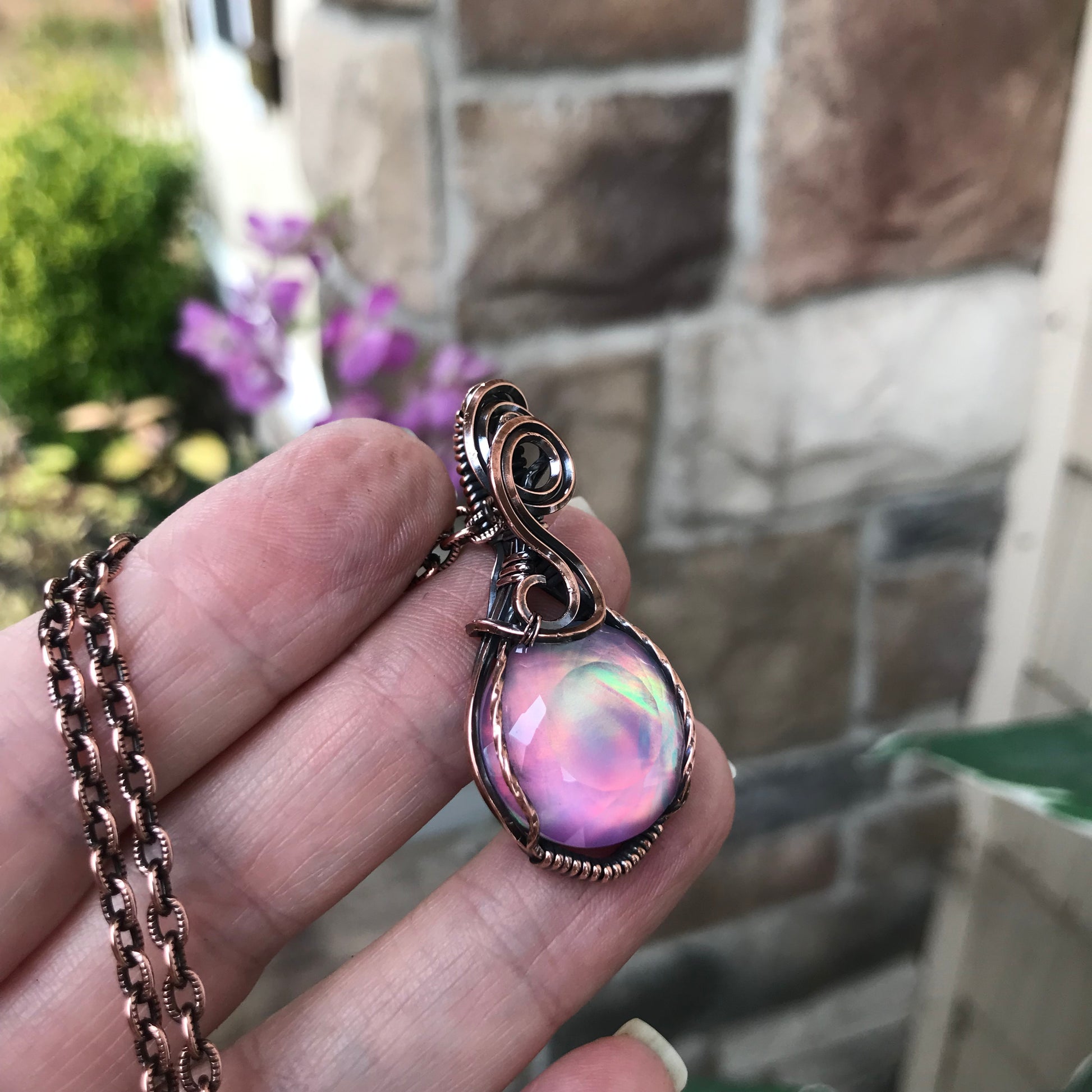 Aurora Opal Pastel Rainbow Round Copper Necklace